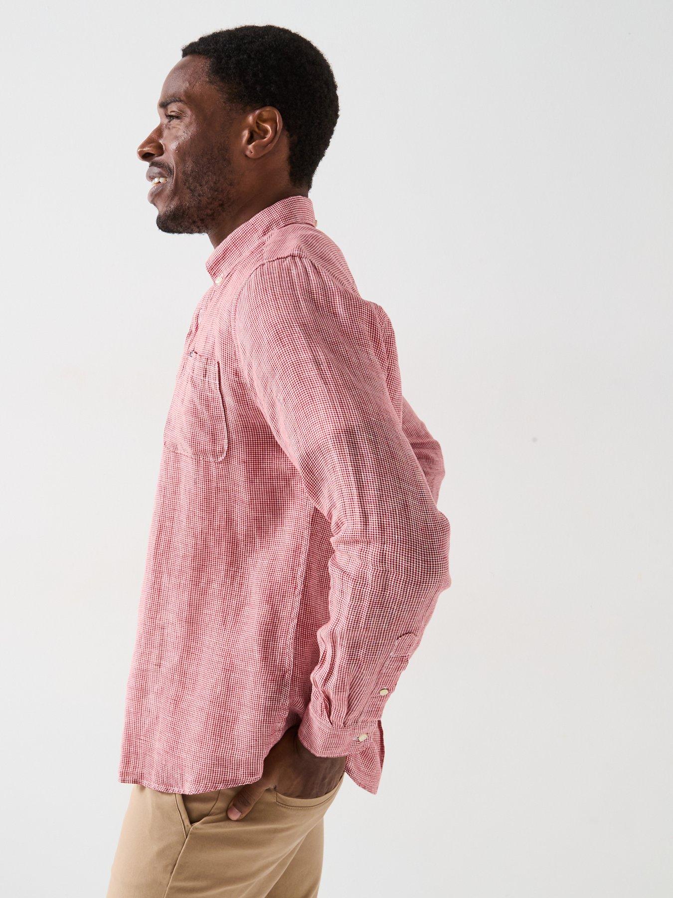  image of barbour-linton-linen-long-sleeve-tailored-shirt-dark-red