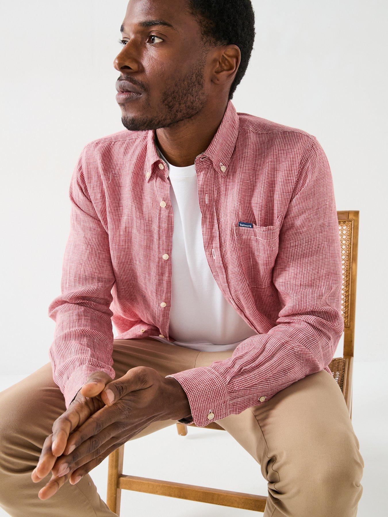  image of barbour-linton-linen-long-sleeve-tailored-shirt-dark-red