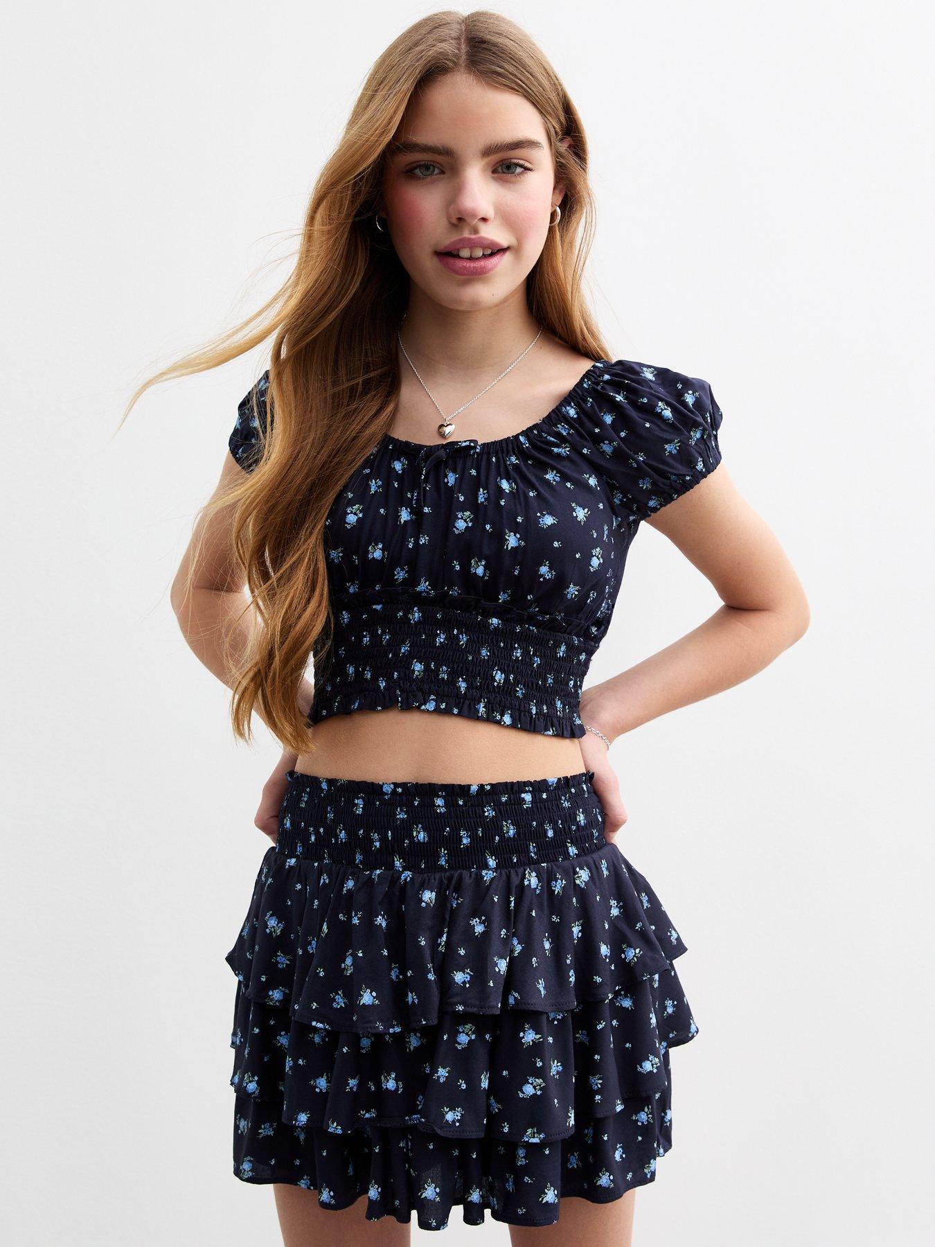 new-look-915-girls-ditsy-print-milkmaid-puff-sleeve-top-blue