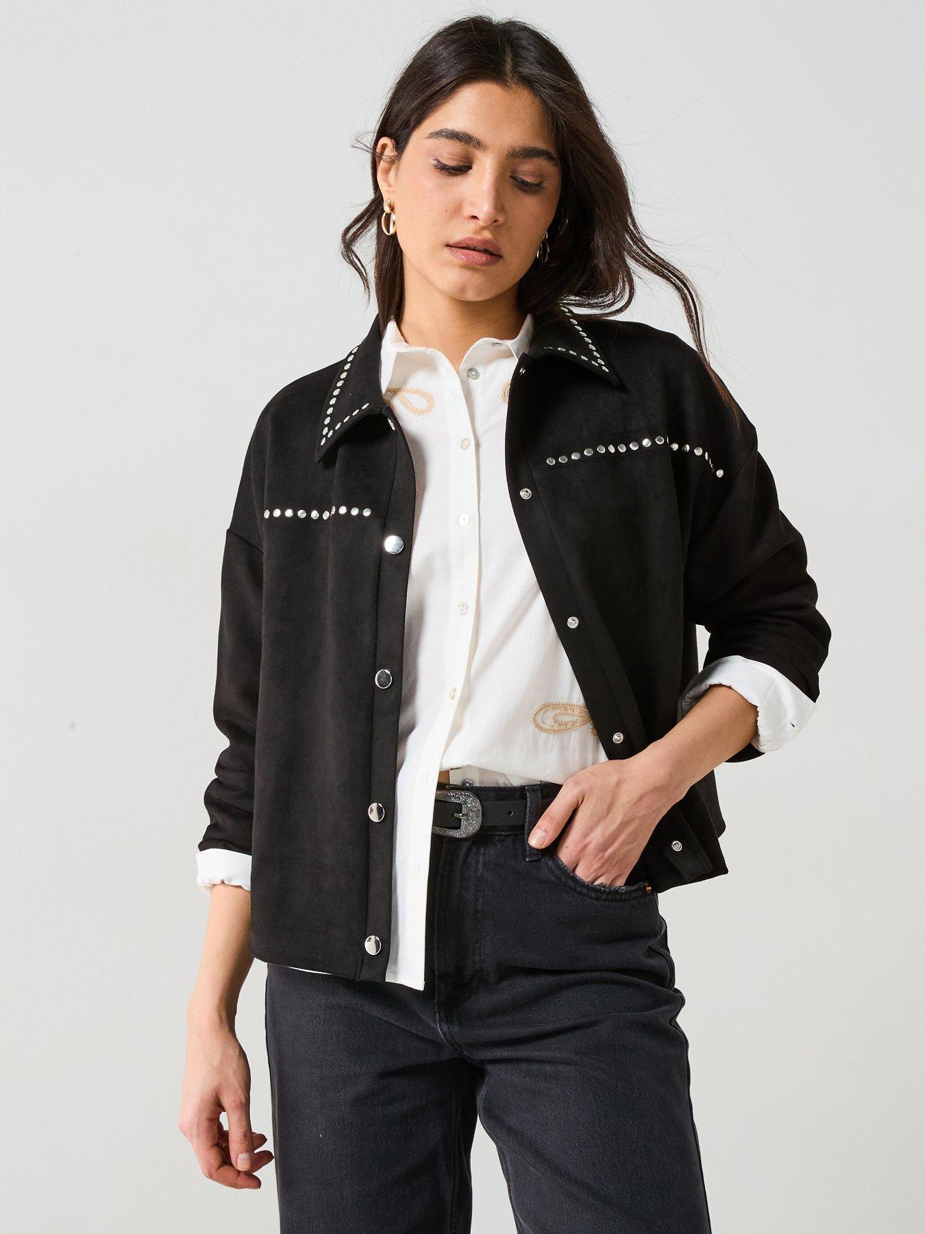 undefined Stud Detail Suede Look Jacket - Black