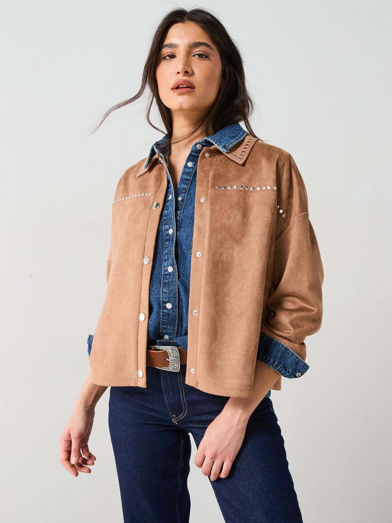  image of v-by-very-stud-detail-suede-look-jacket-beige
