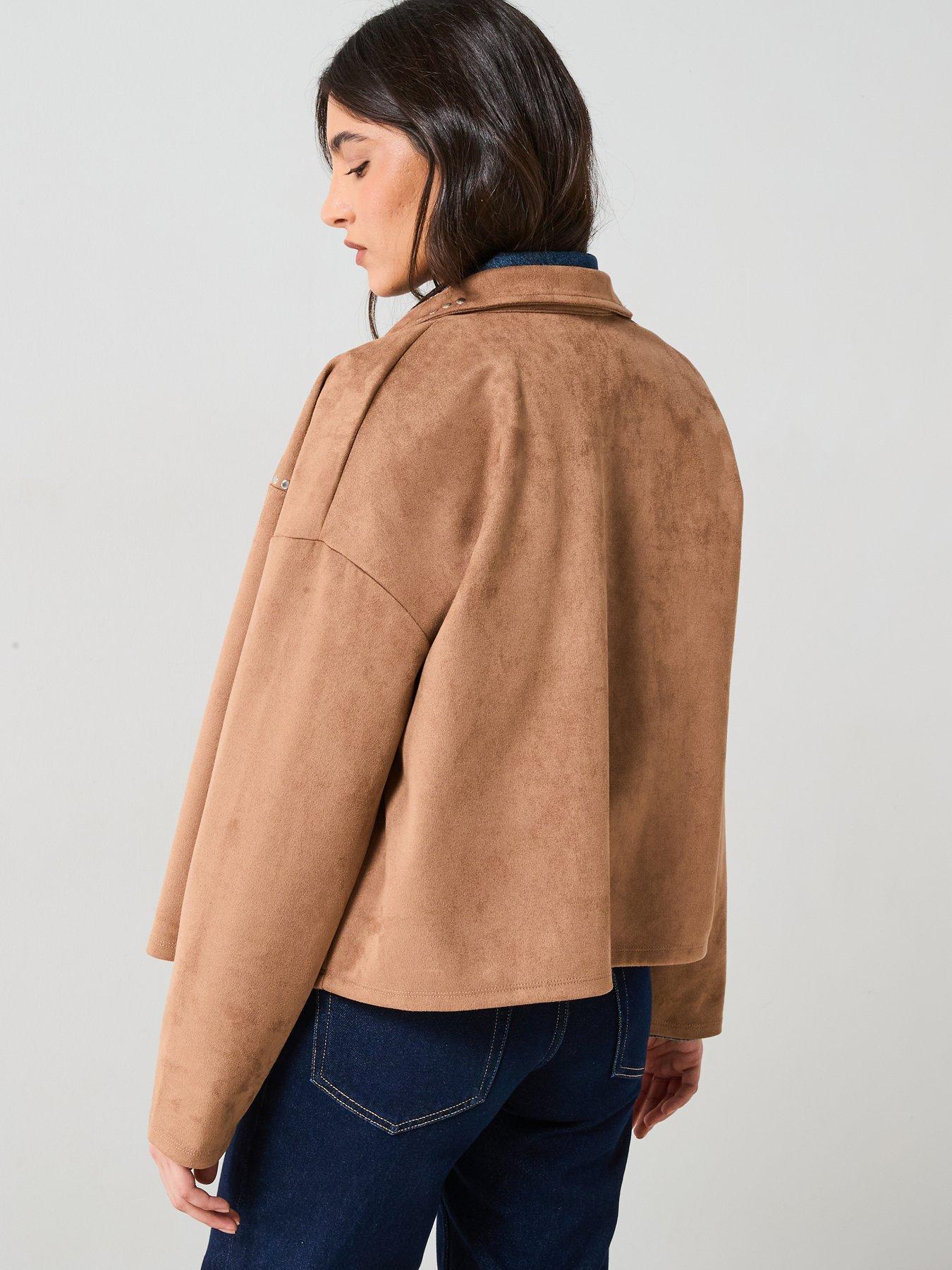  image of v-by-very-stud-detail-suede-look-jacket-beige