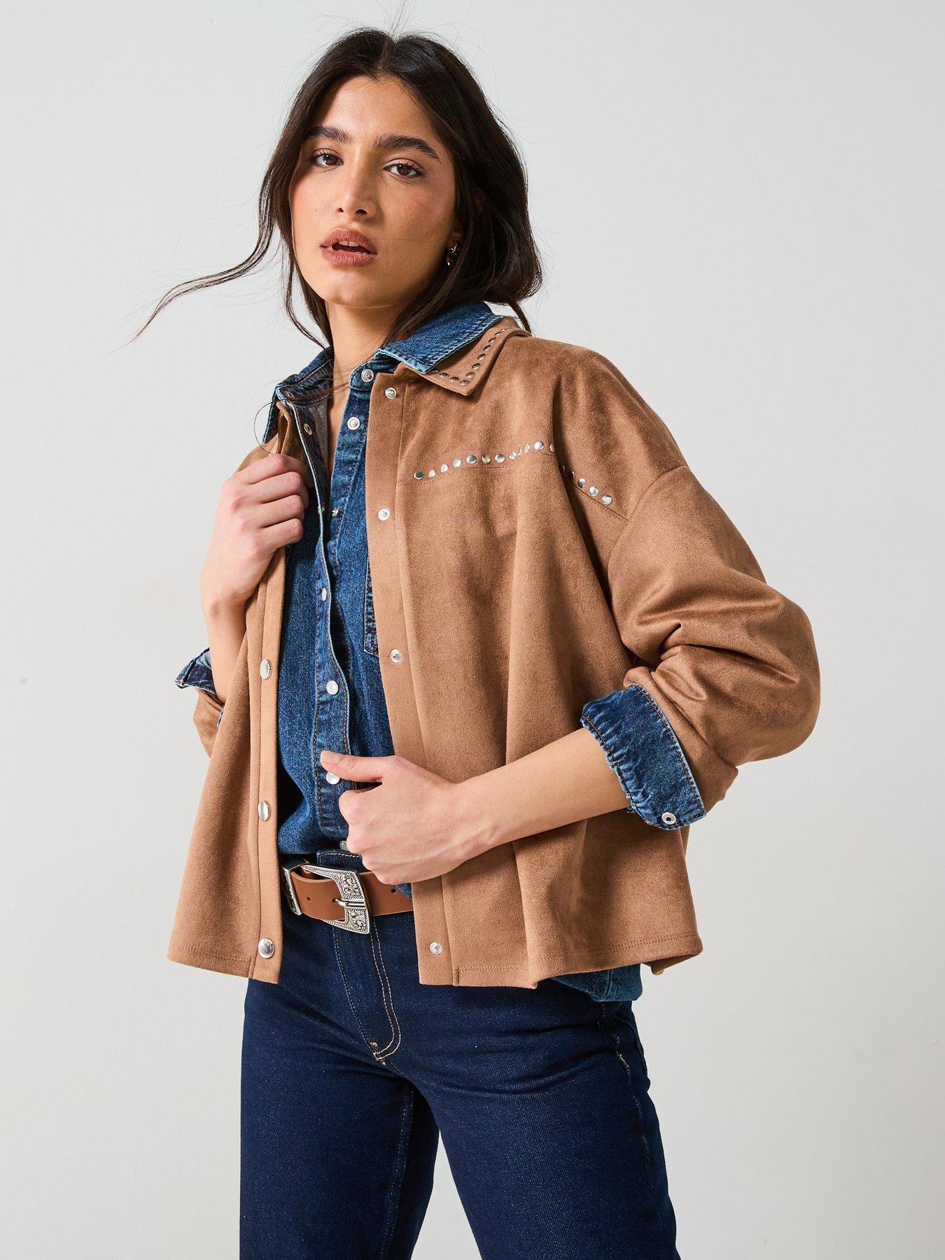 image of v-by-very-stud-detail-suede-look-jacket-beige