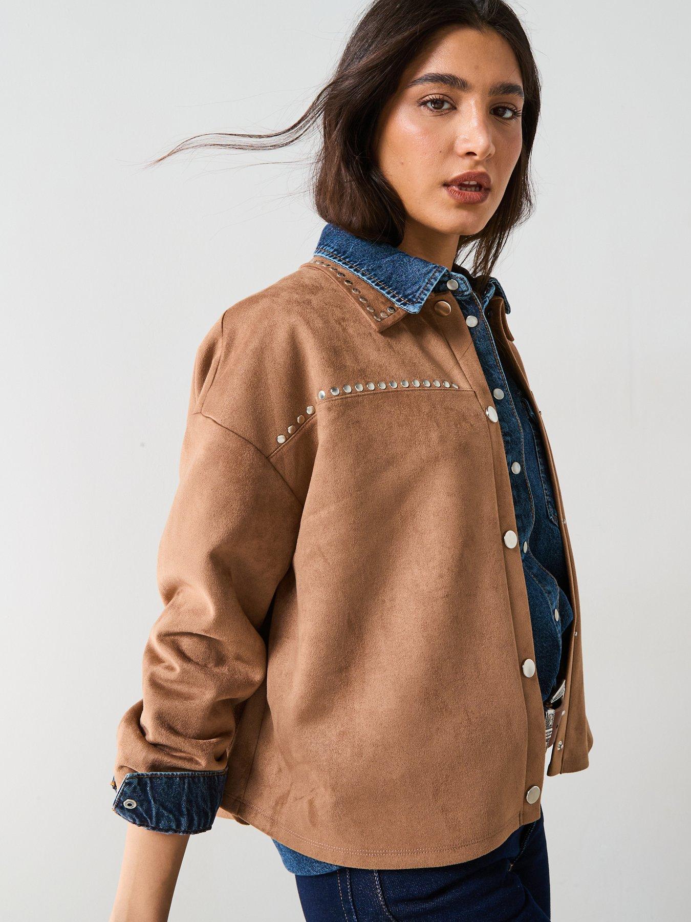  image of v-by-very-stud-detail-suede-look-jacket-beige