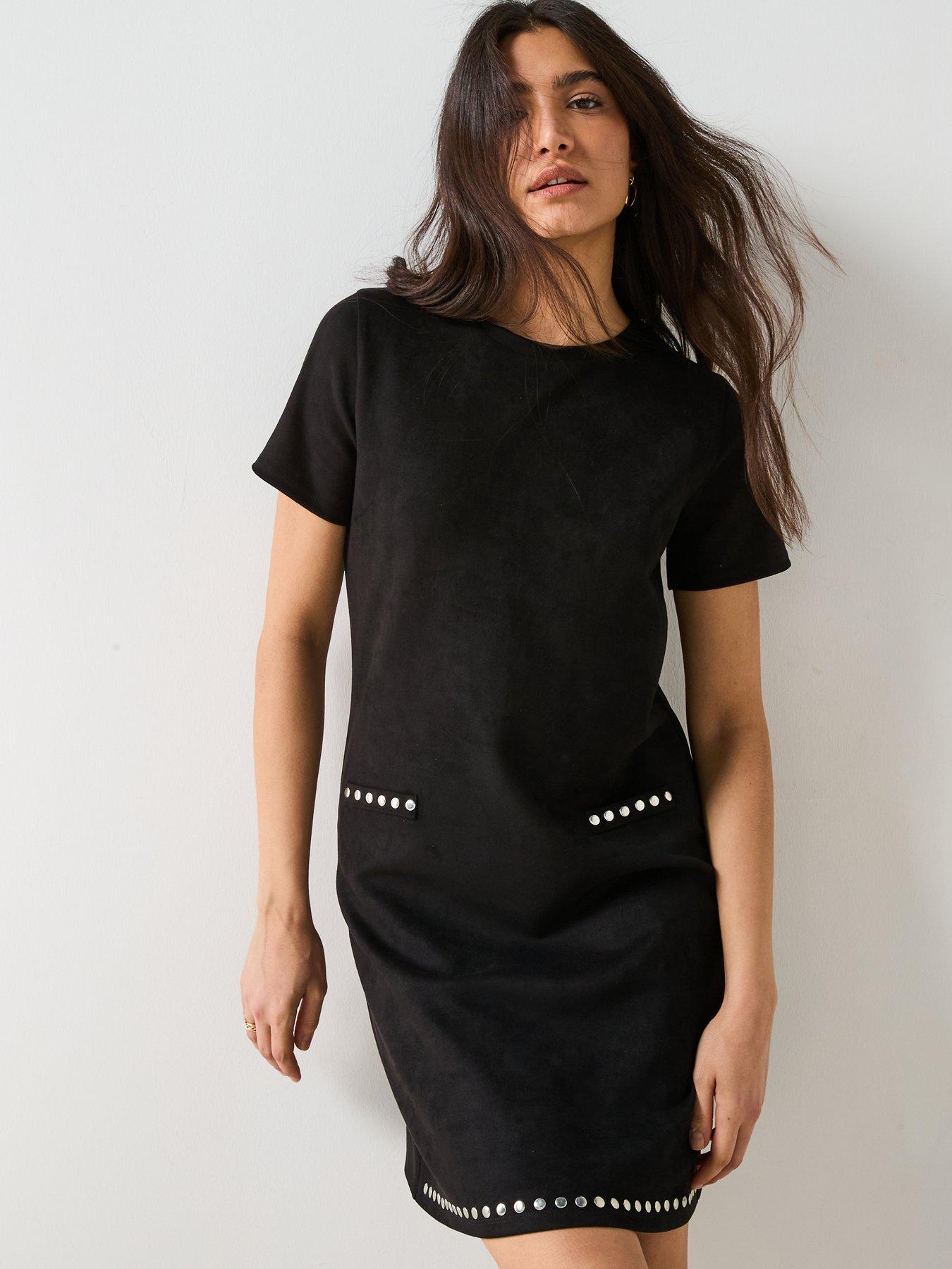  image of v-by-very-stud-detail-suede-look-shift-dress-black