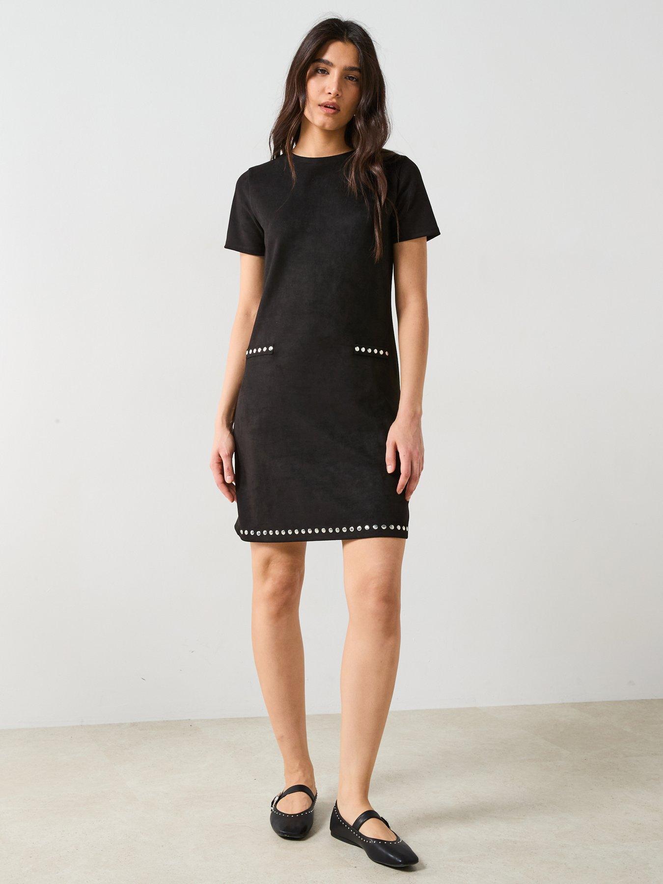  image of v-by-very-stud-detail-suede-look-shift-dress-black