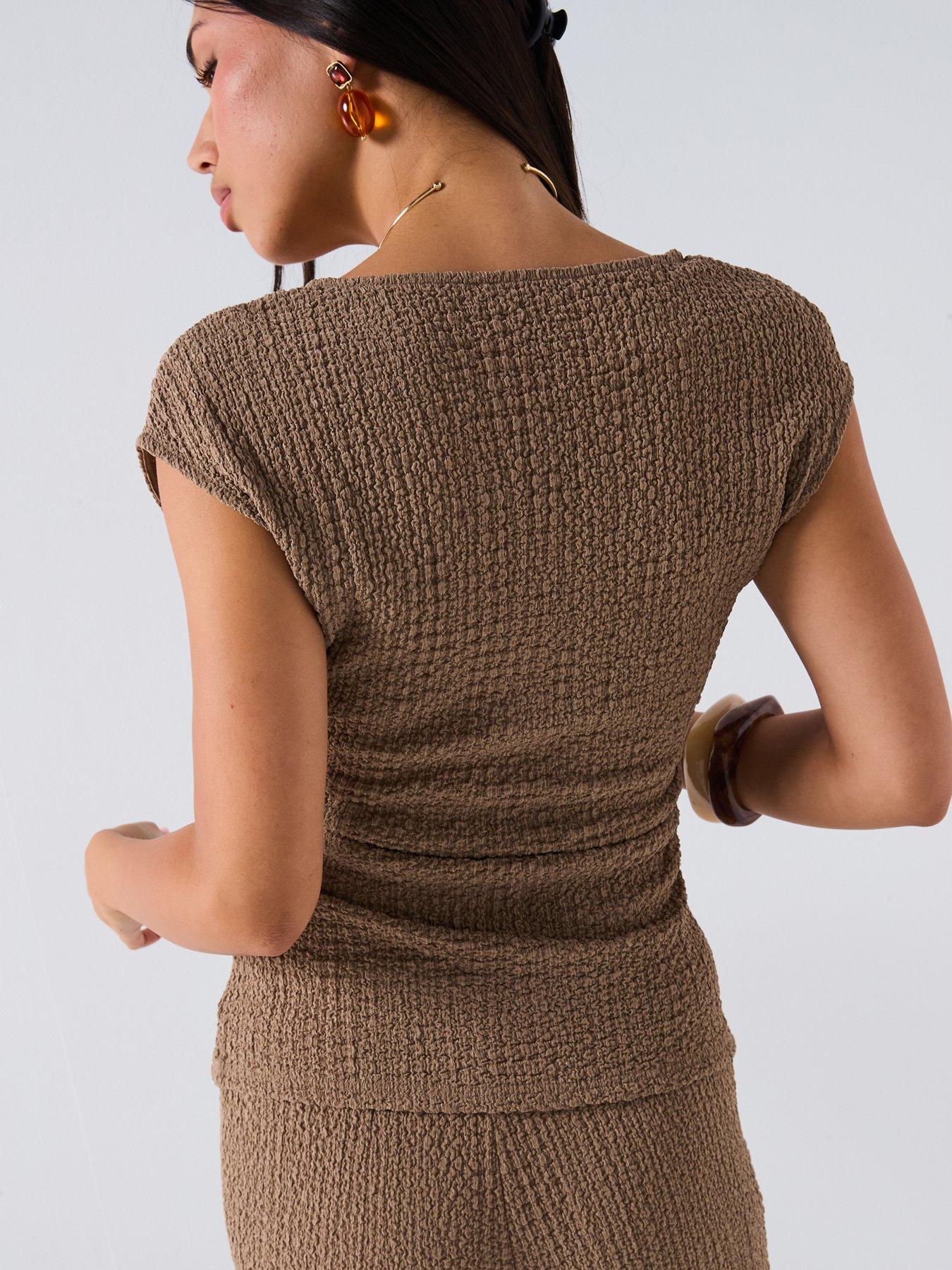  image of v-by-very-textured-co-ord-wrap-top-brown
