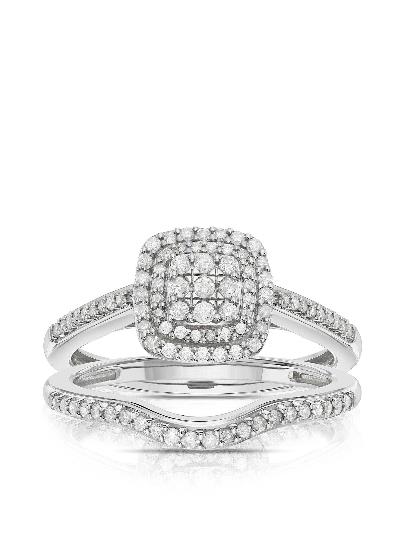 H. Samuel Perfect Fit Diamond Bridal Ring Set. 9ct White Gold 0.33ct Diamond Cushion Cluster Bridal Set