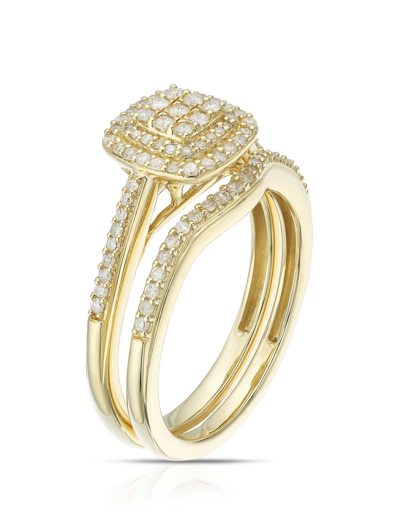  image of h-samuel-perfect-fit-diamond-engagement-and-wedding-ring-set-9ct-yellow-gold-033ct-diamond-cushion-cluster-bridal-set