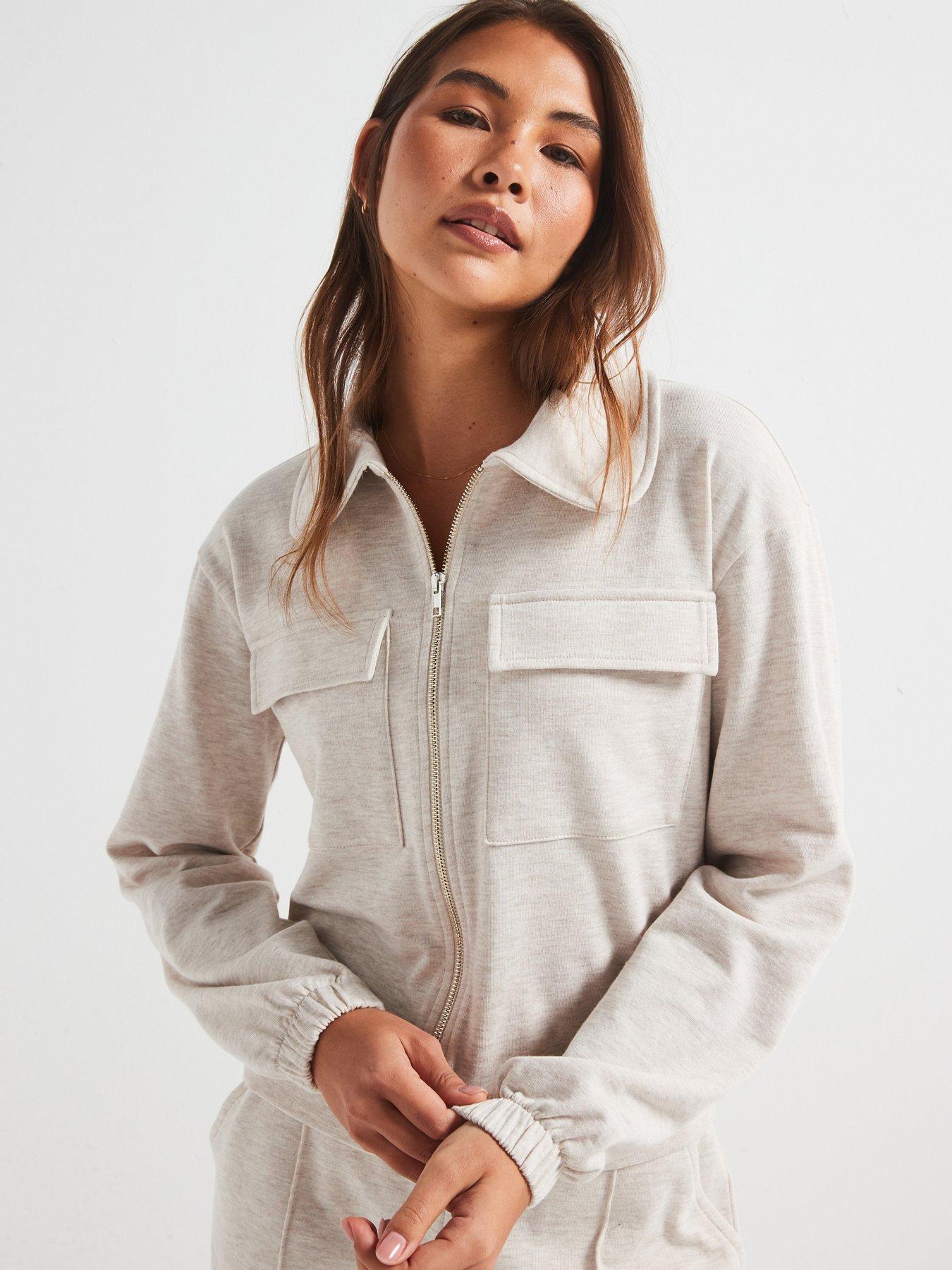 undefined Collar Detail Zip Up Sweatshirt - Beige