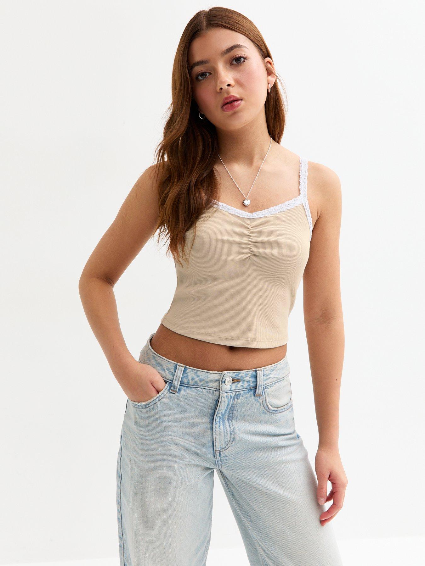 new-look-915-girls-camel-lace-trim-ribbed-crop-cami-top