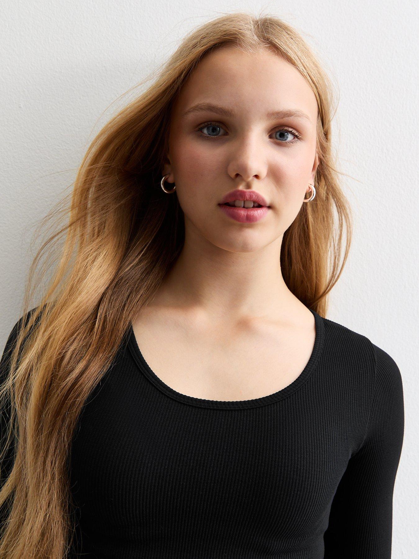 image of new-look-915-girls-scoop-neck-cropped-t-shirt-black
