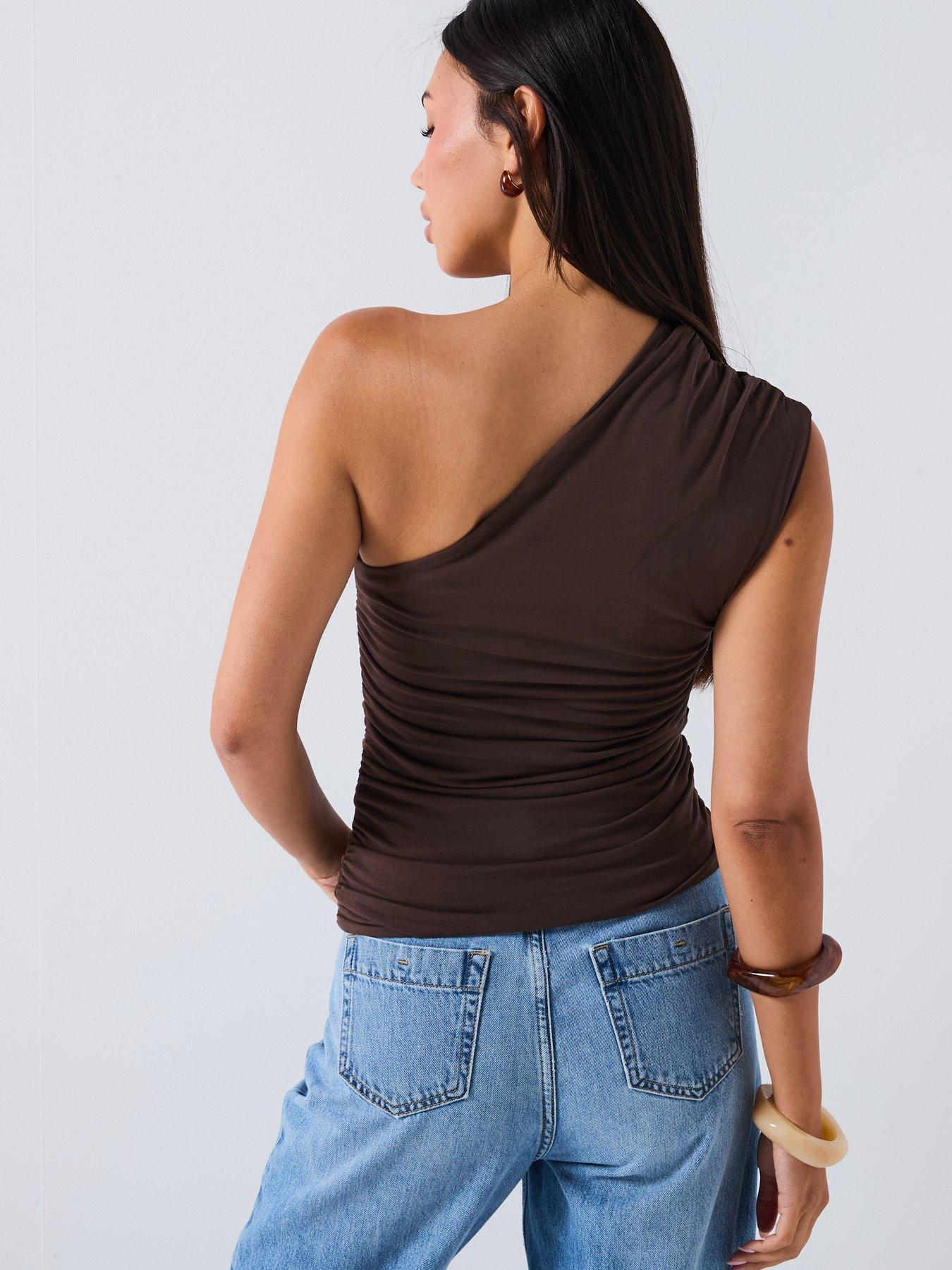 stillFront image of v-by-very-one-shoulder-ruched-top-brown