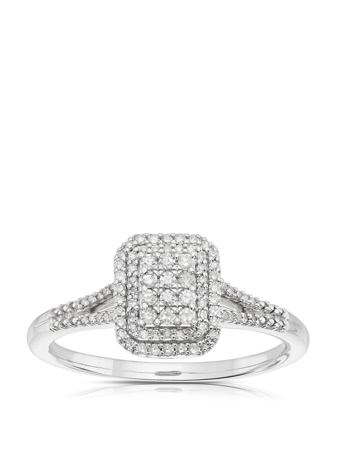 H. Samuel 9ct White Gold 0.20ct Diamond Emerald Cut Halo Ring