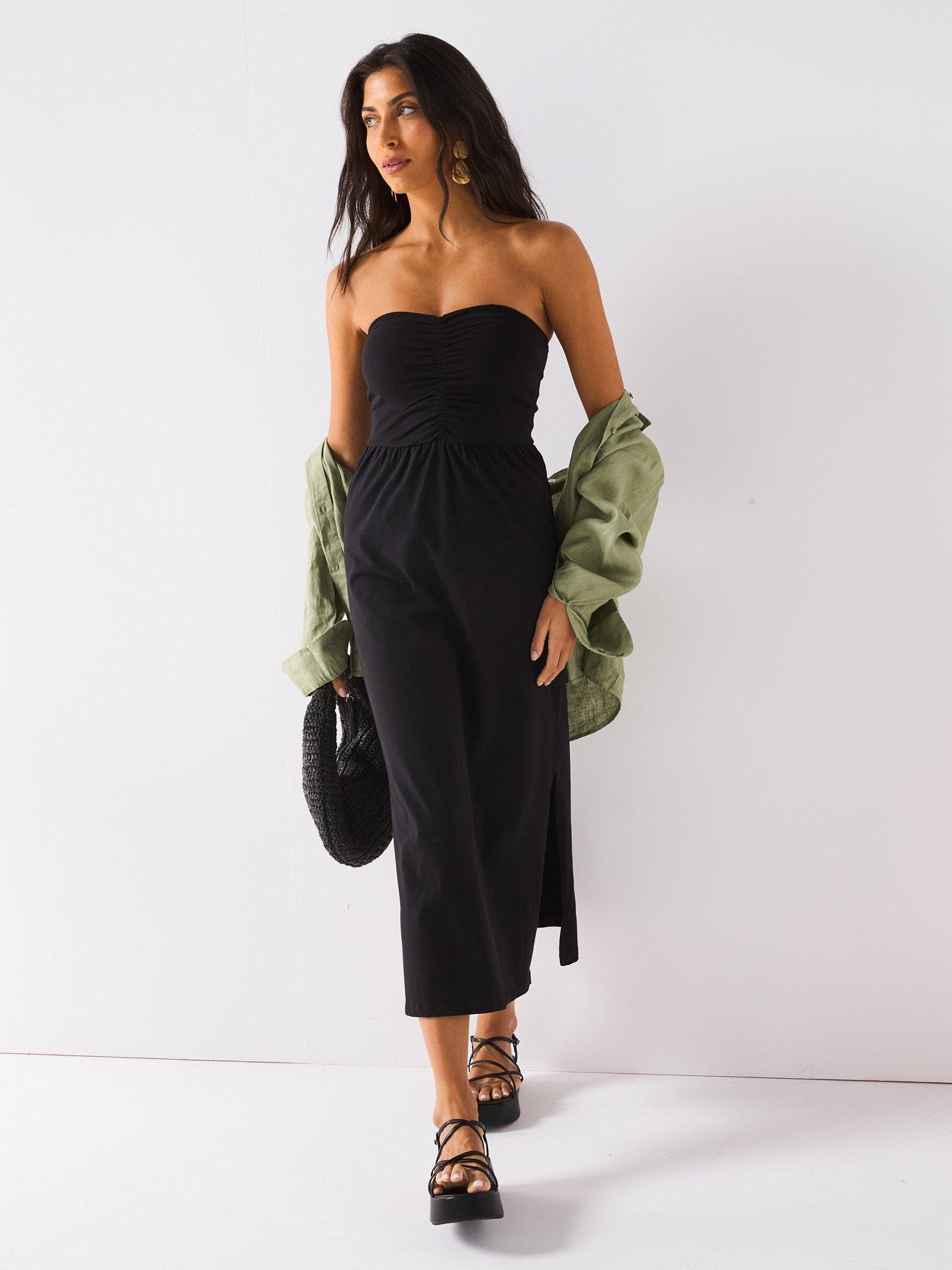  image of everyday-ruched-bandeau-midi-dress-black