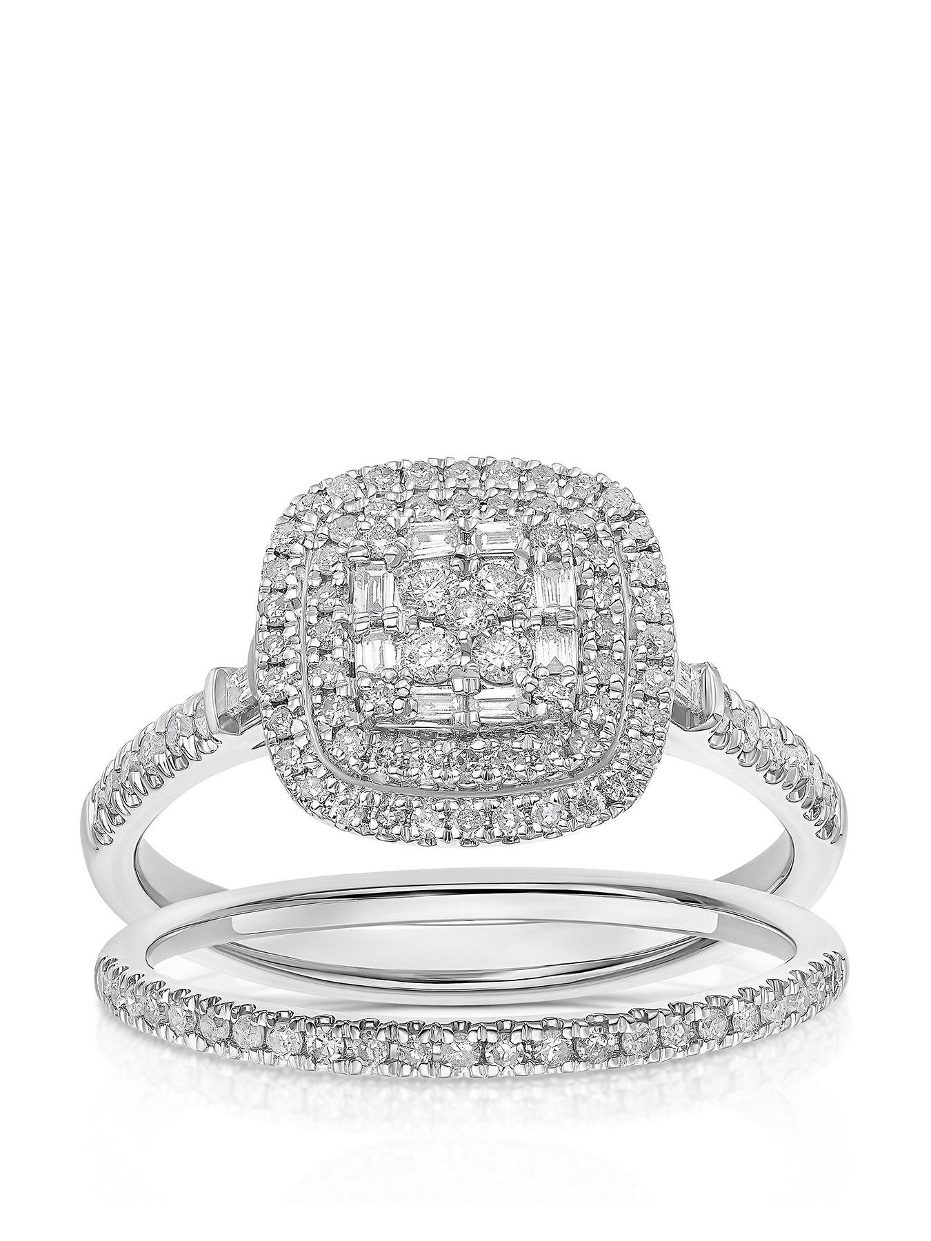 Ernest Jones 0.50ct Diamond Bridal Ring Set. 18ct White Gold 0.50ct Diamond Cushion Shaped Cluster Bridal Set