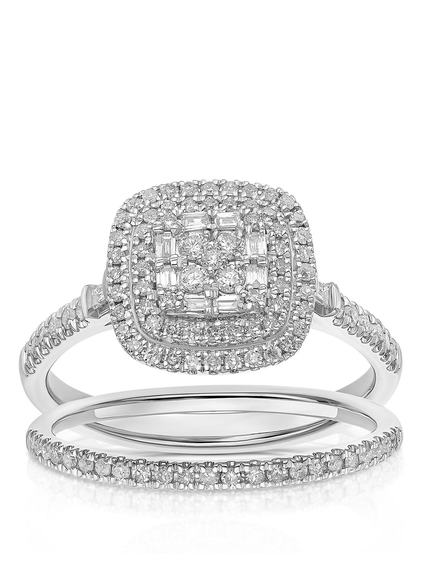 Ernest Jones 0.50ct Diamond Bridal Ring Set. 18ct White Gold 0.50ct Diamond Cushion Shaped Cluster Bridal Set