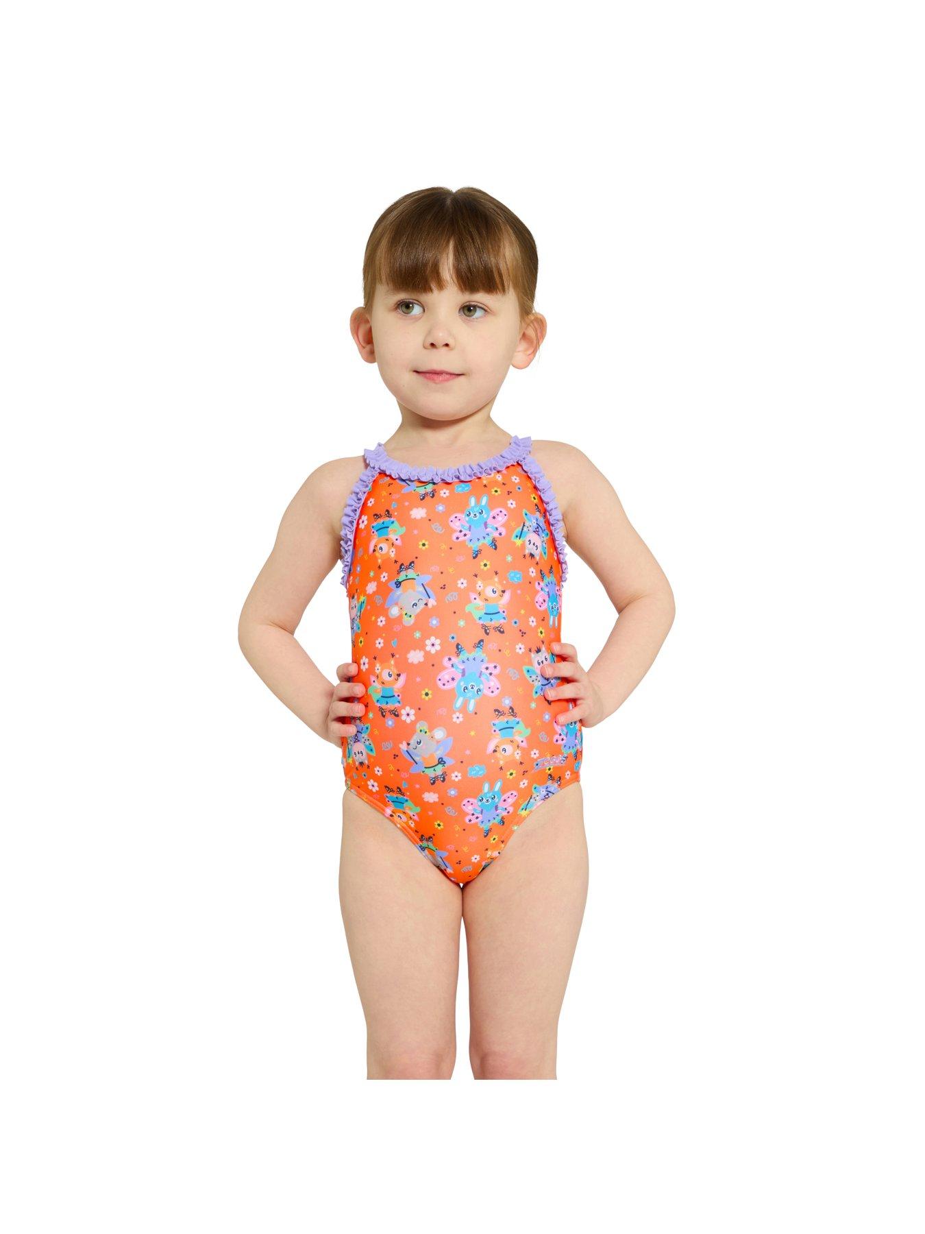 Image 2 of 4 of Zoggs Kids Girls Tinker Ruffle Crossback Swimsuit - Orange