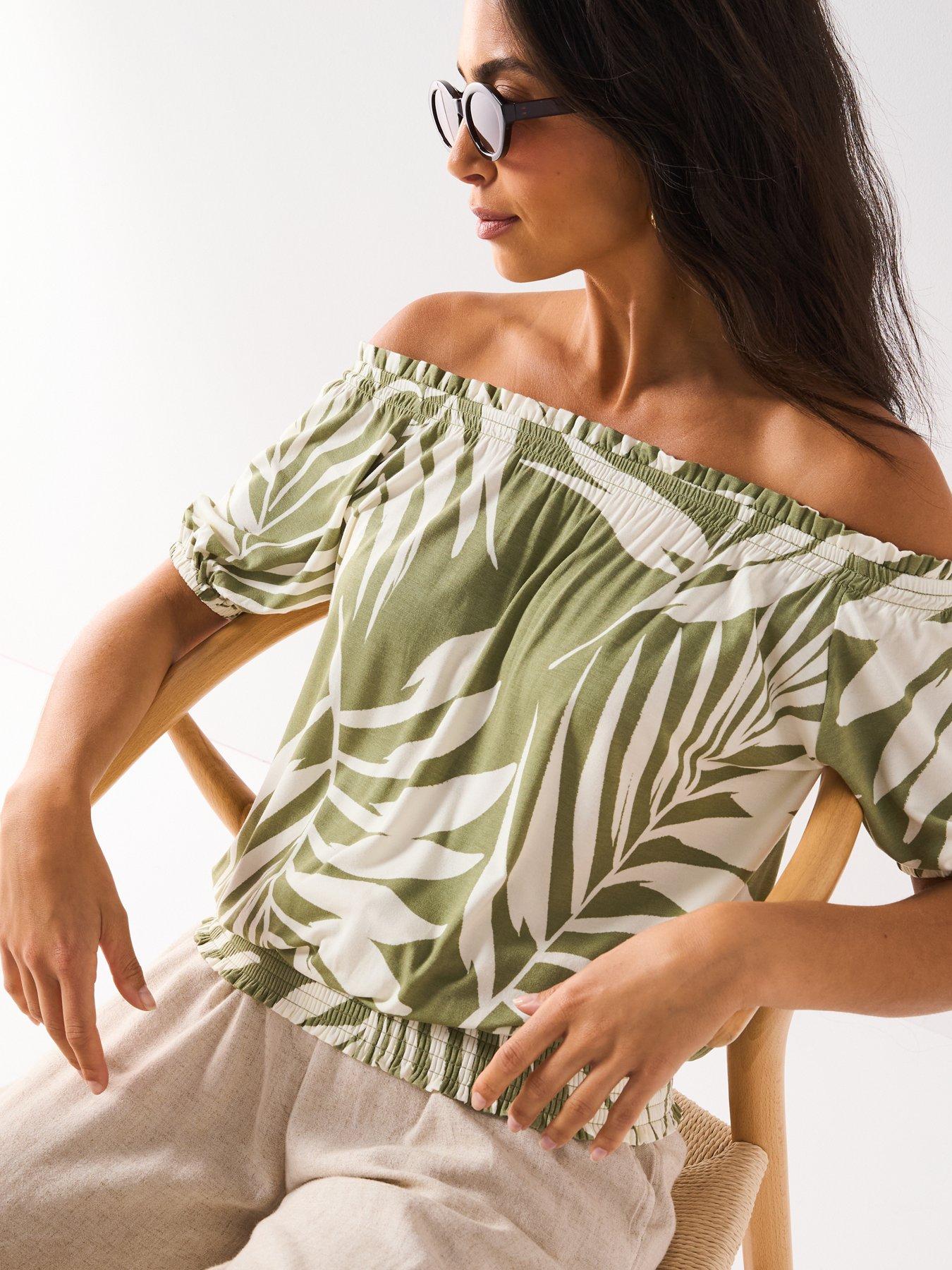  image of everyday-bardot-shirred-waist-top-print