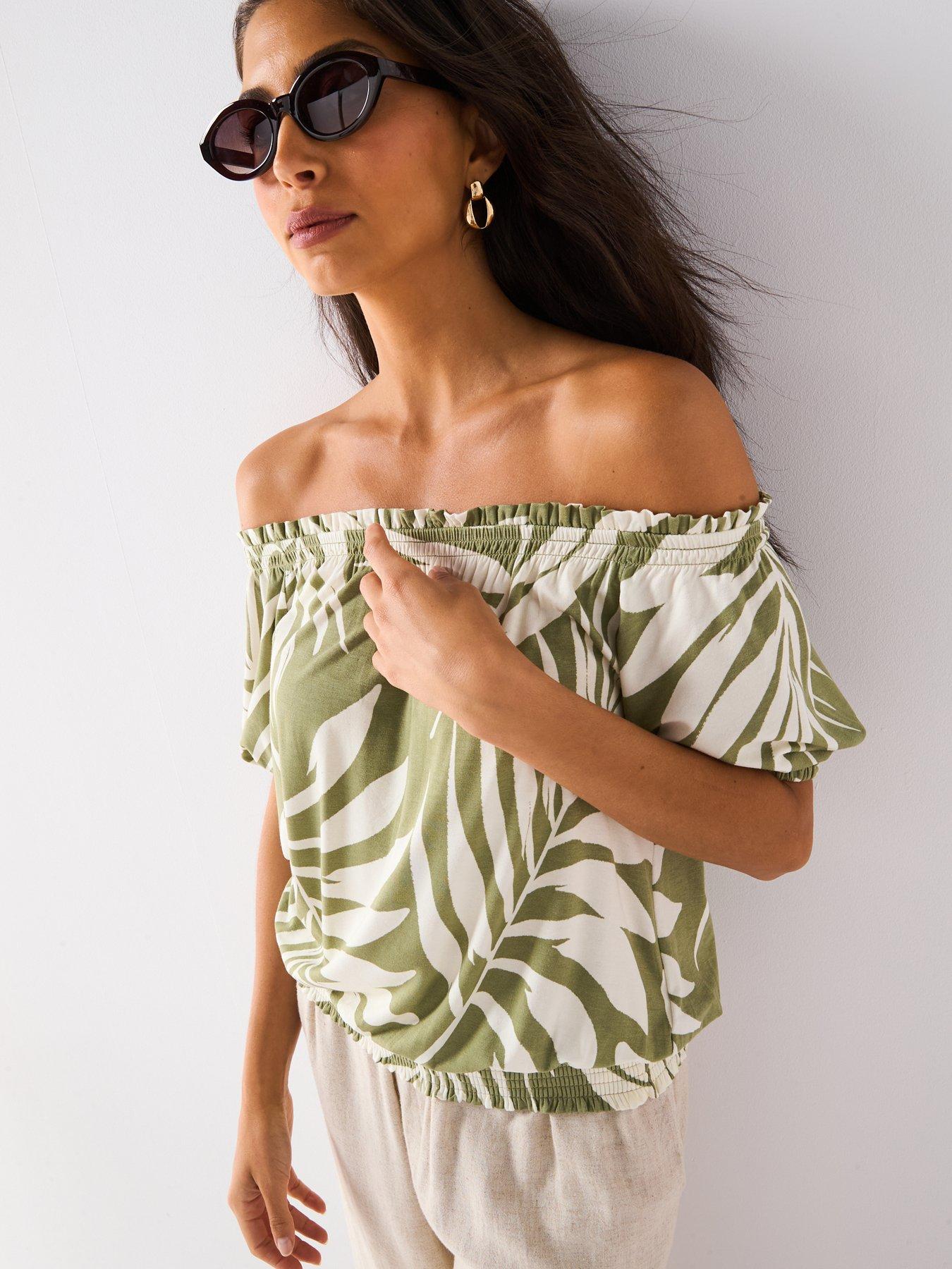  image of everyday-bardot-shirred-waist-top-print