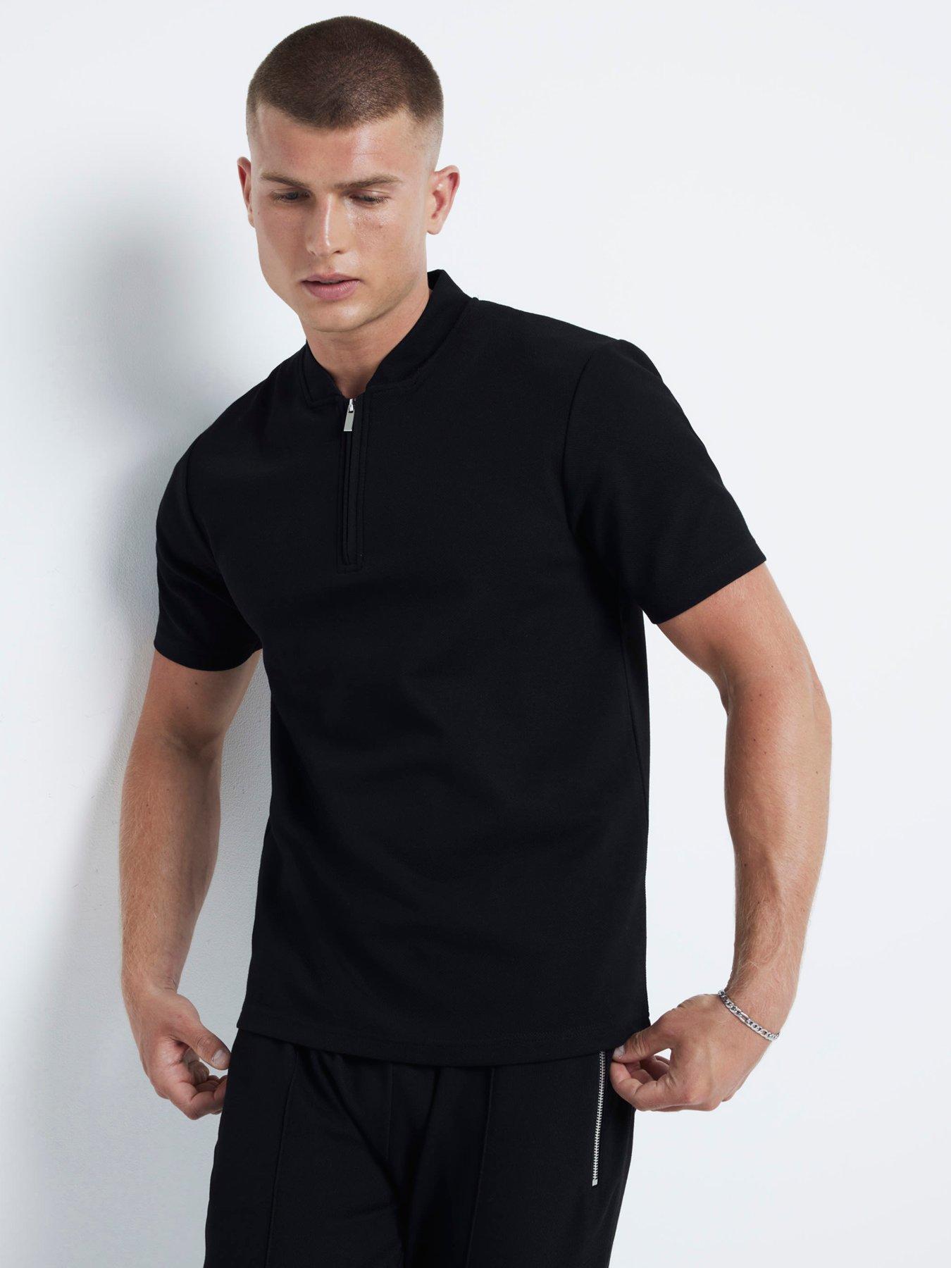 undefined Short Sleeve Slim Fit Square Neck Pique Polo Shirt - Black
