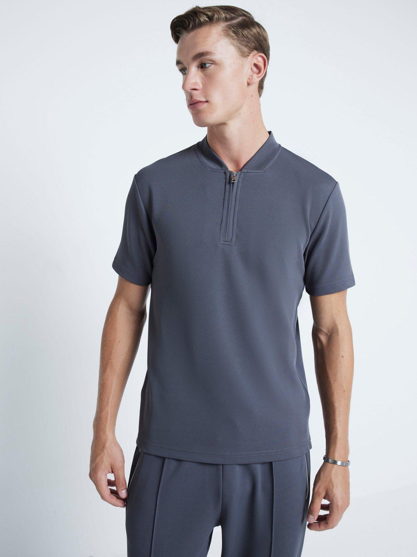 undefined Short Sleeve Slim Fit Square Neck Twill Polo Shirt - Dark Grey