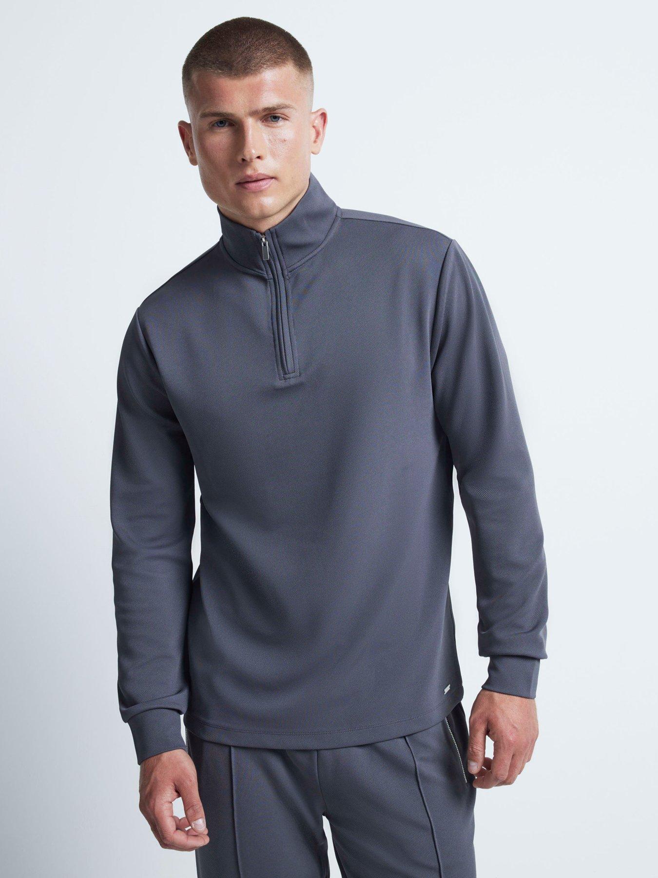 river-island-long-sleeve-slim-fit-smart-twill-funnel-neck-quarter-zip-sweat-grey