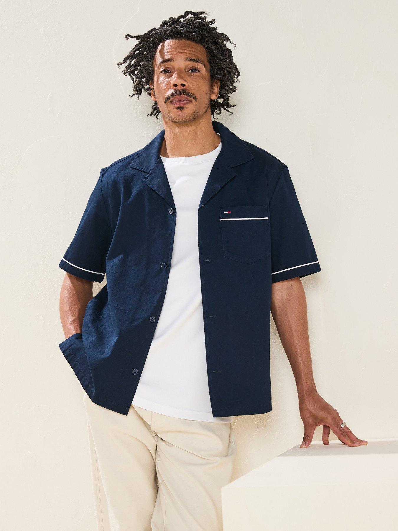  image of tommy-jeans-camp-collar-back-logo-short-sleeve-shirt-navy
