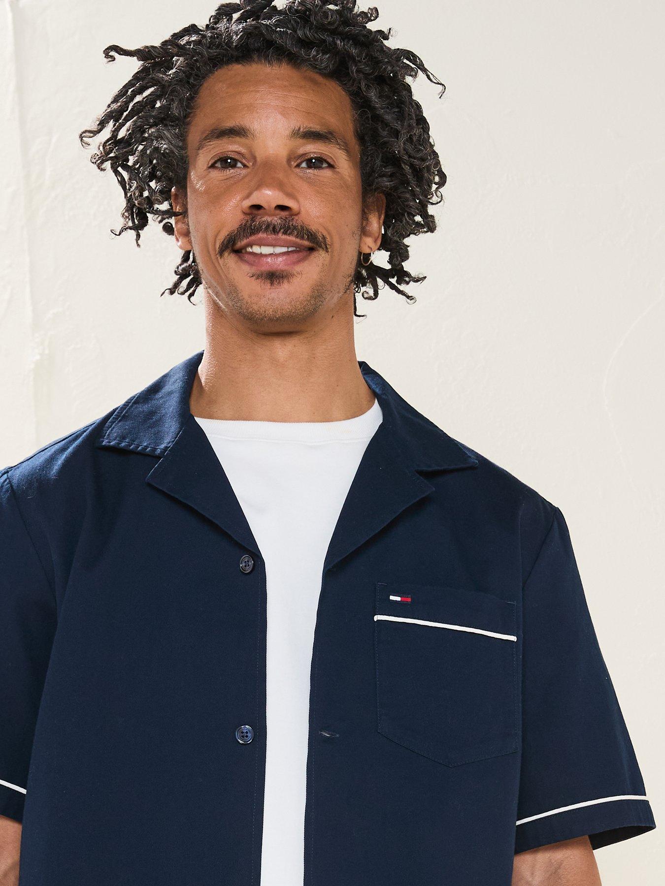  image of tommy-jeans-camp-collar-back-logo-short-sleeve-shirt-navy