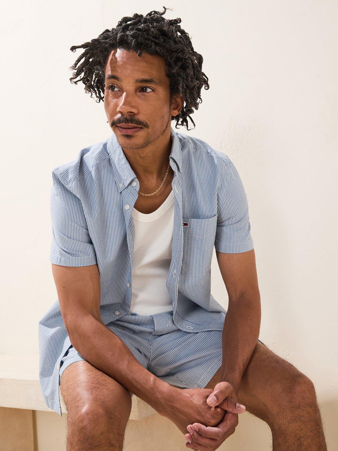  image of tommy-jeans-regular-stripe-seersucker-short-sleeve-shirt-light-blue