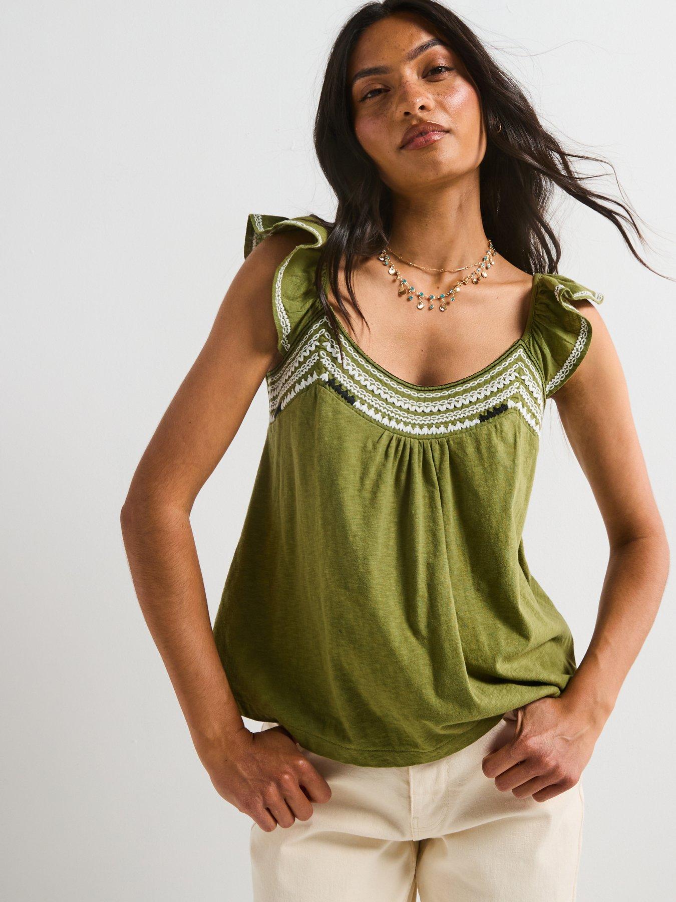 undefined Frill Sleeve Embroidered Top - Green