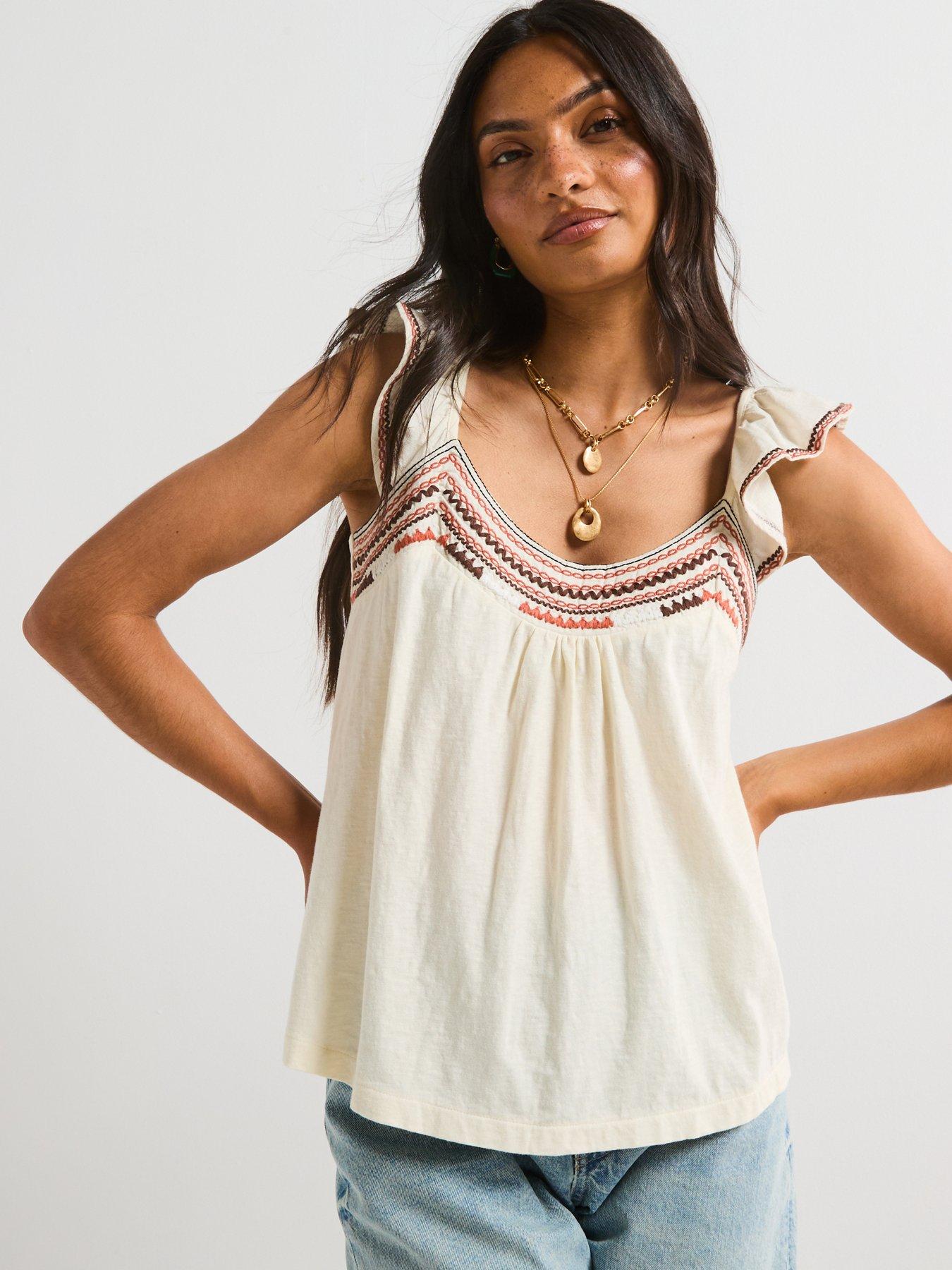 undefined Frill Sleeve Embroidered Top - Cream