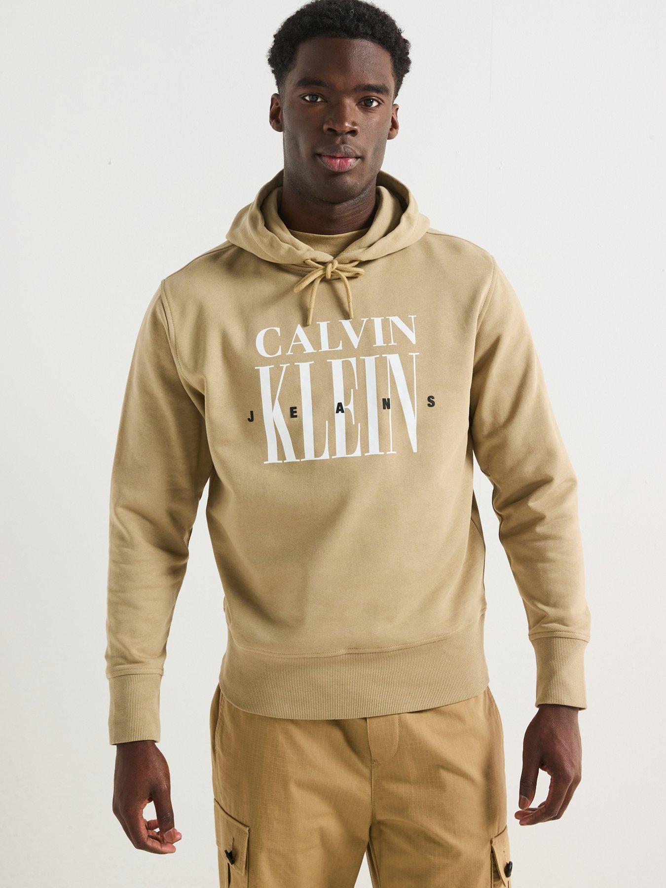  image of calvin-klein-jeans-serif-font-graphic-overhead-hoodie-beige