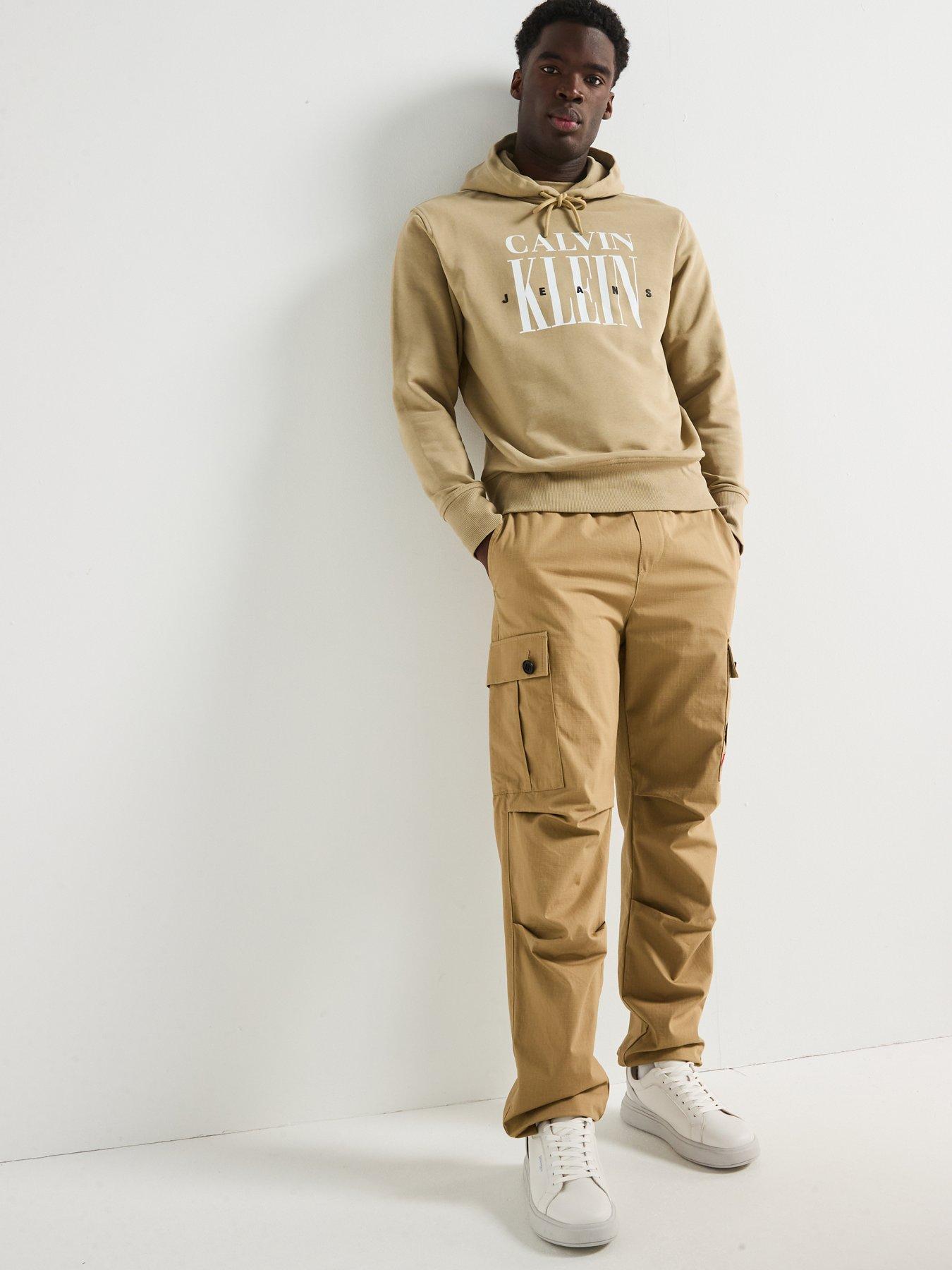  image of calvin-klein-jeans-serif-font-graphic-overhead-hoodie-beige