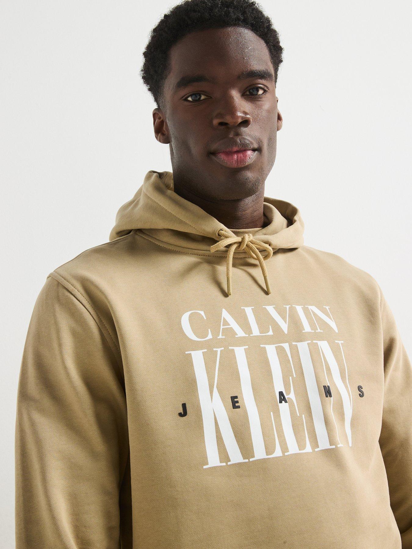  image of calvin-klein-jeans-serif-font-graphic-overhead-hoodie-beige