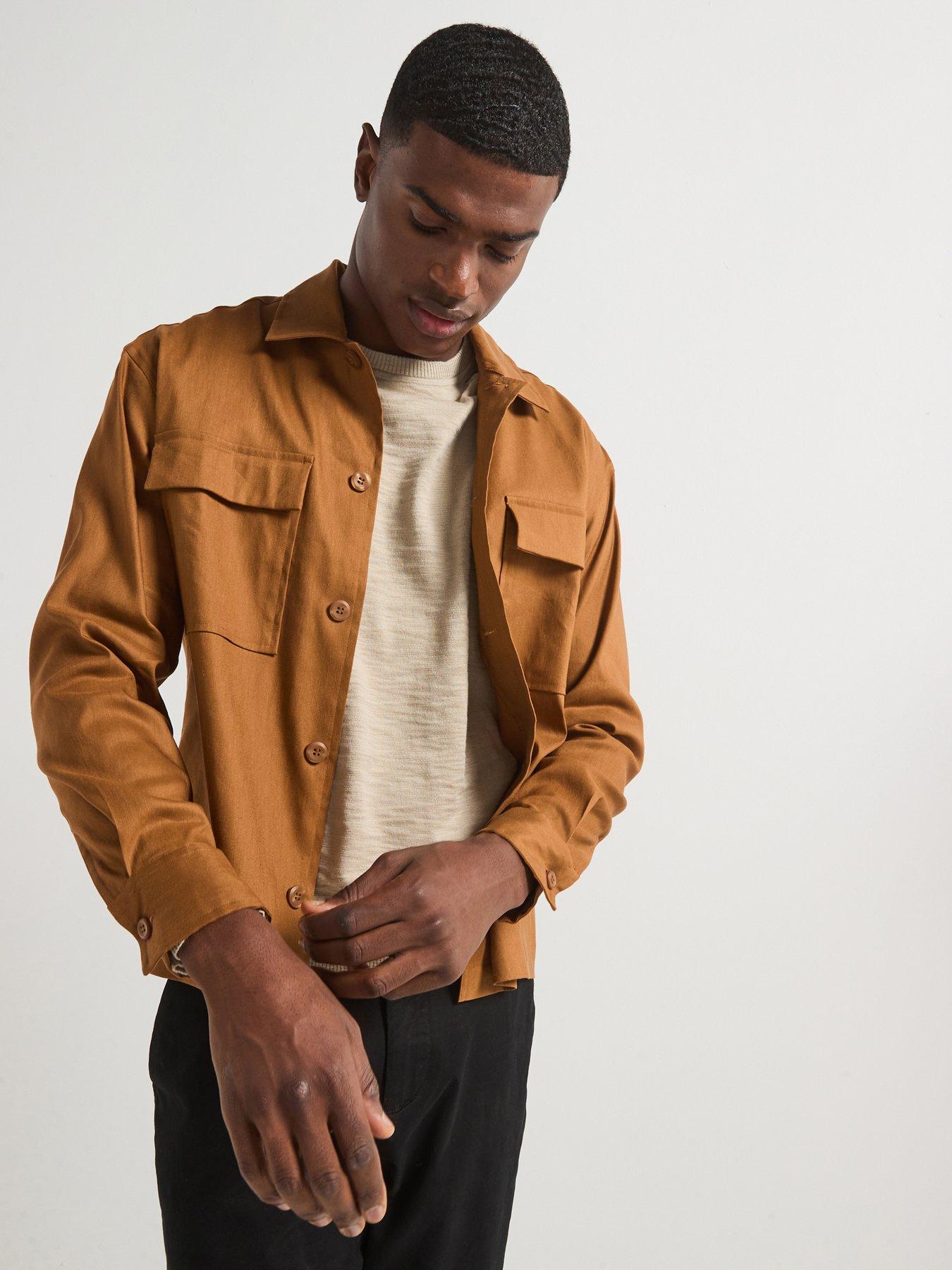  image of calvin-klein-linen-blend-stretch-fabric-overshirt-brown