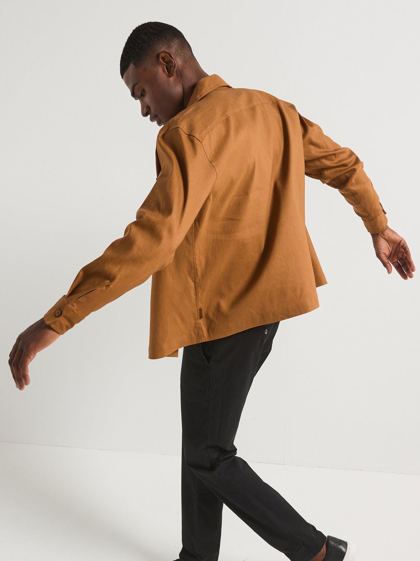  image of calvin-klein-linen-blend-stretch-fabric-overshirt-brown