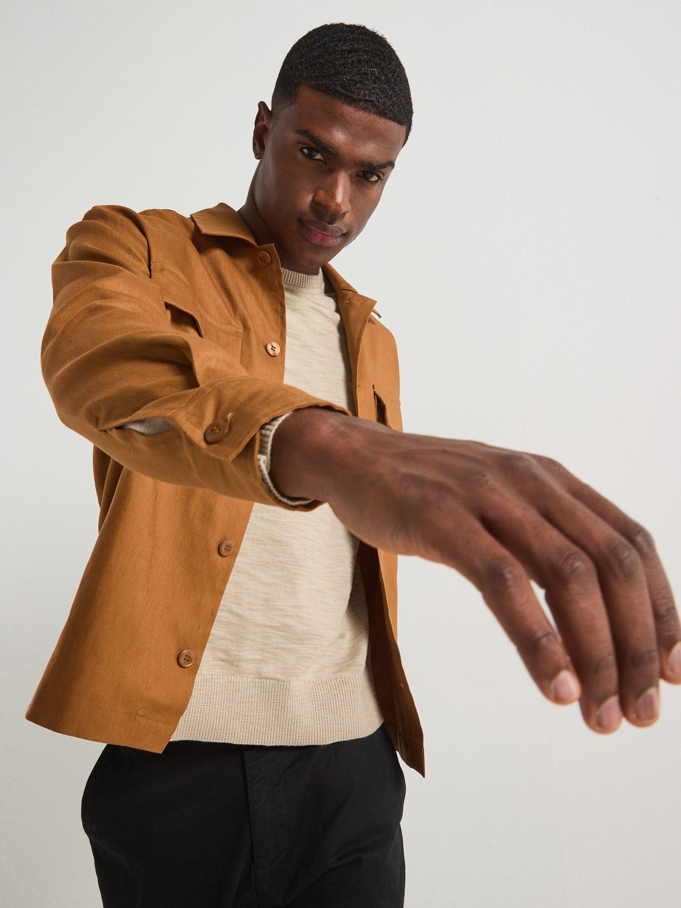  image of calvin-klein-linen-blend-stretch-fabric-overshirt-brown