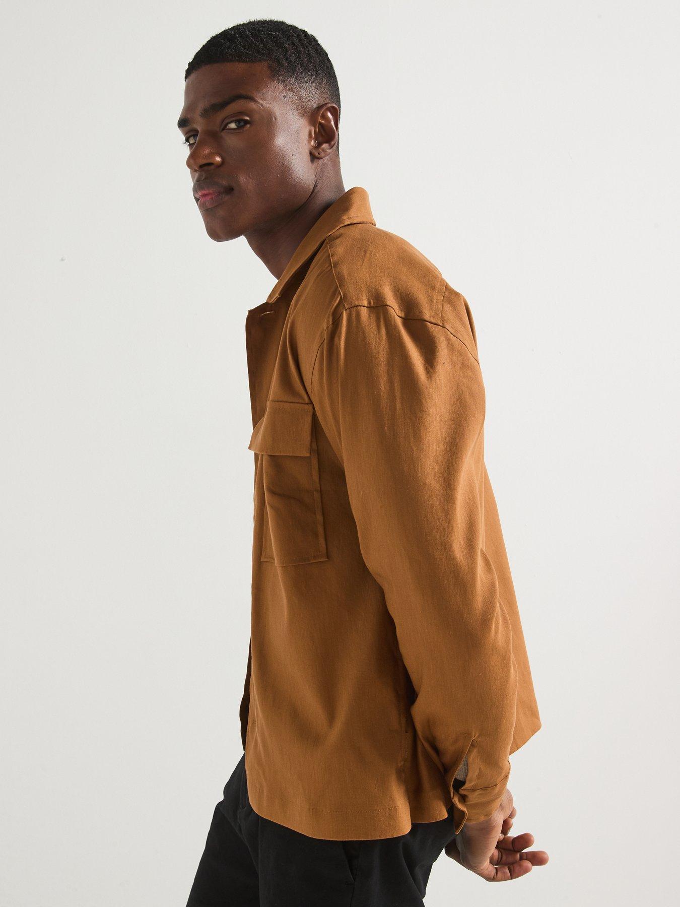  image of calvin-klein-linen-blend-stretch-fabric-overshirt-brown