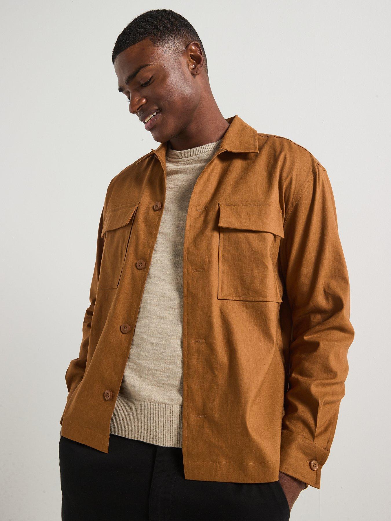  image of calvin-klein-linen-blend-stretch-fabric-overshirt-brown