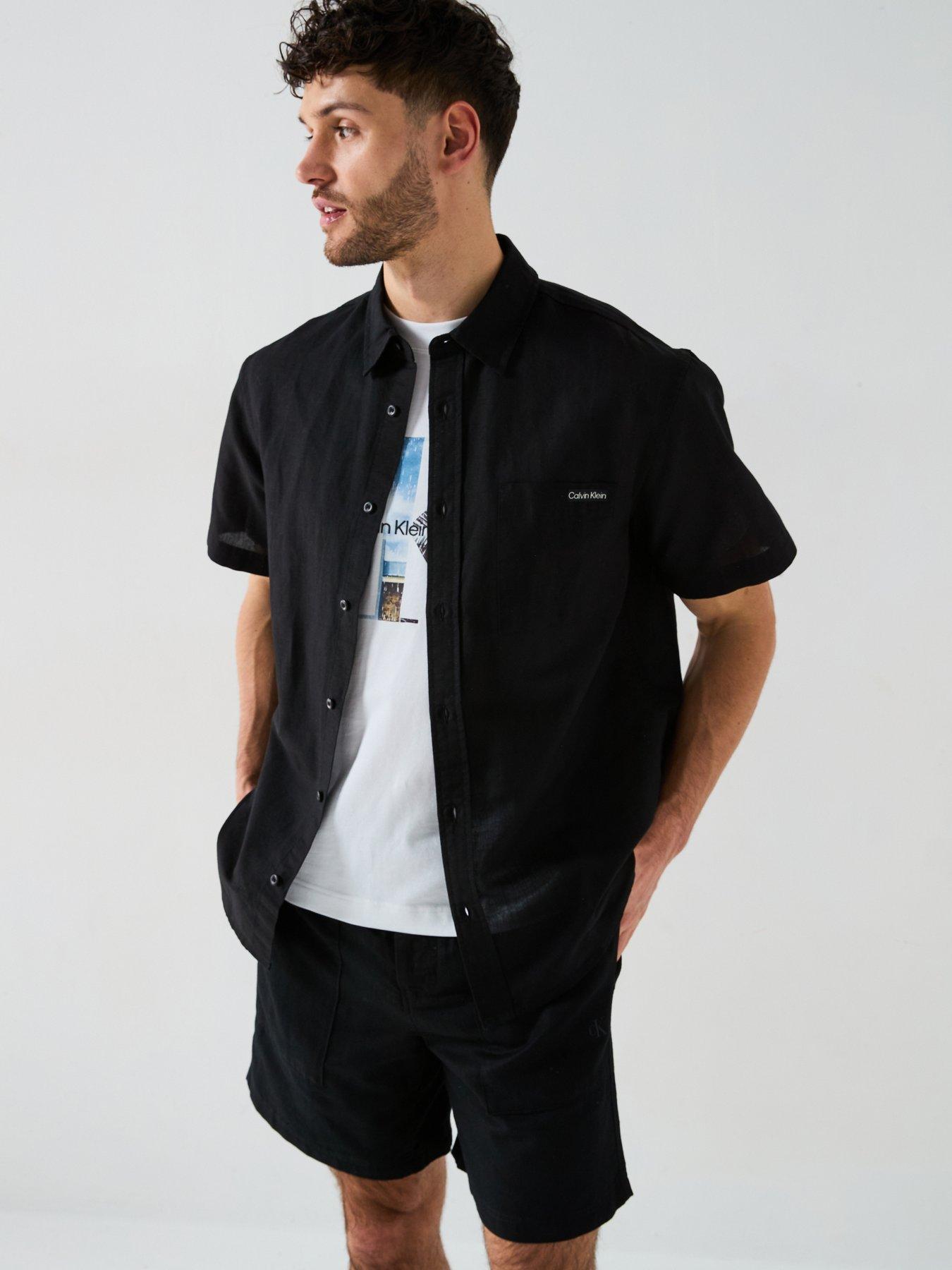  image of calvin-klein-jeans-linen-cotton-short-sleeve-shirt-black