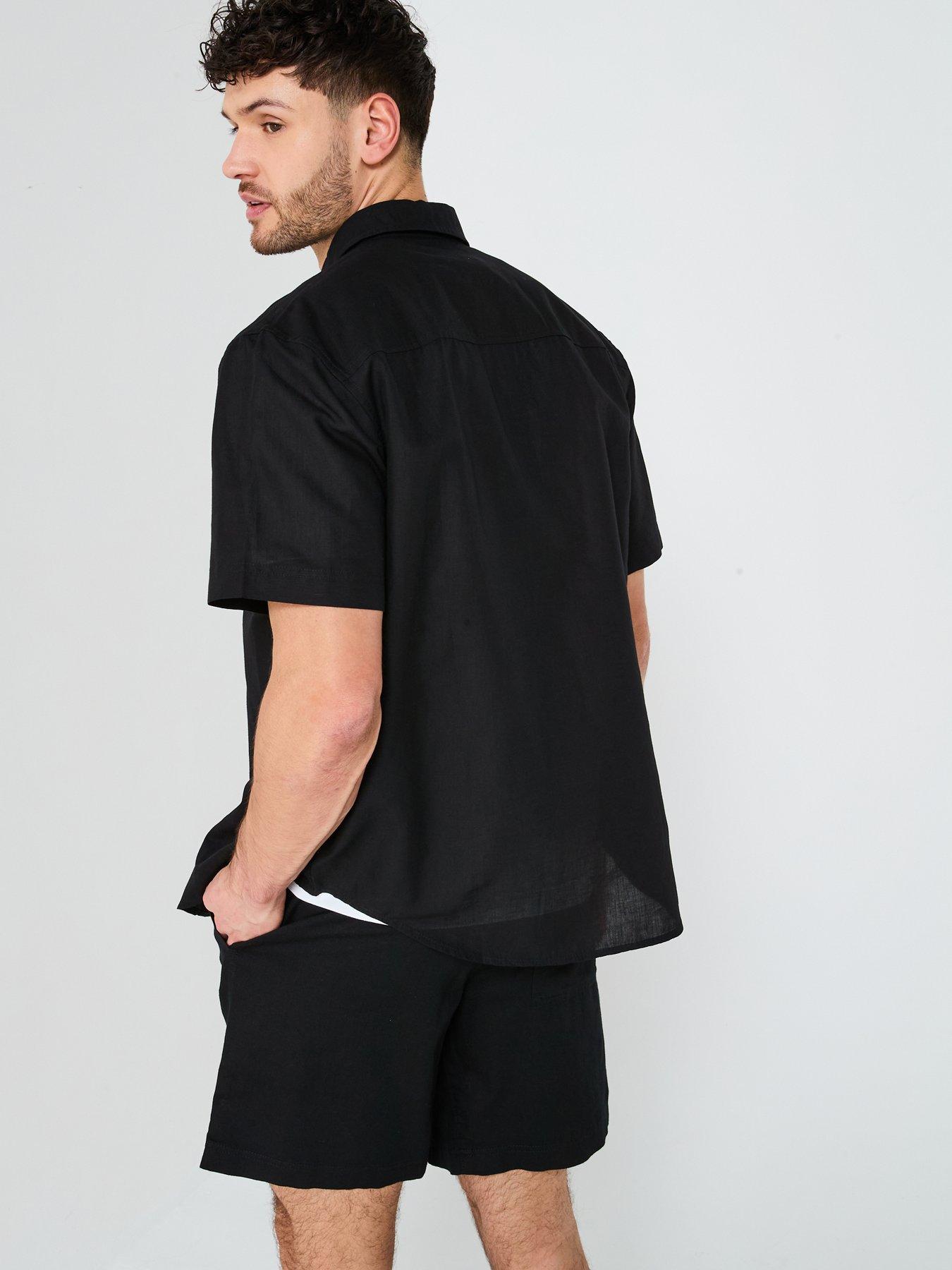  image of calvin-klein-jeans-linen-cotton-short-sleeve-shirt-black