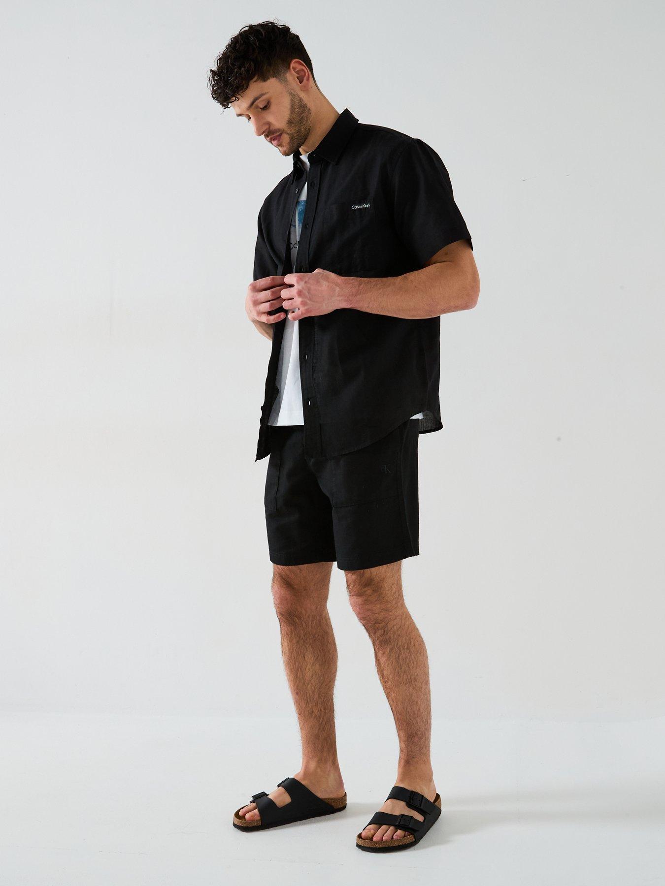  image of calvin-klein-jeans-linen-cotton-short-sleeve-shirt-black