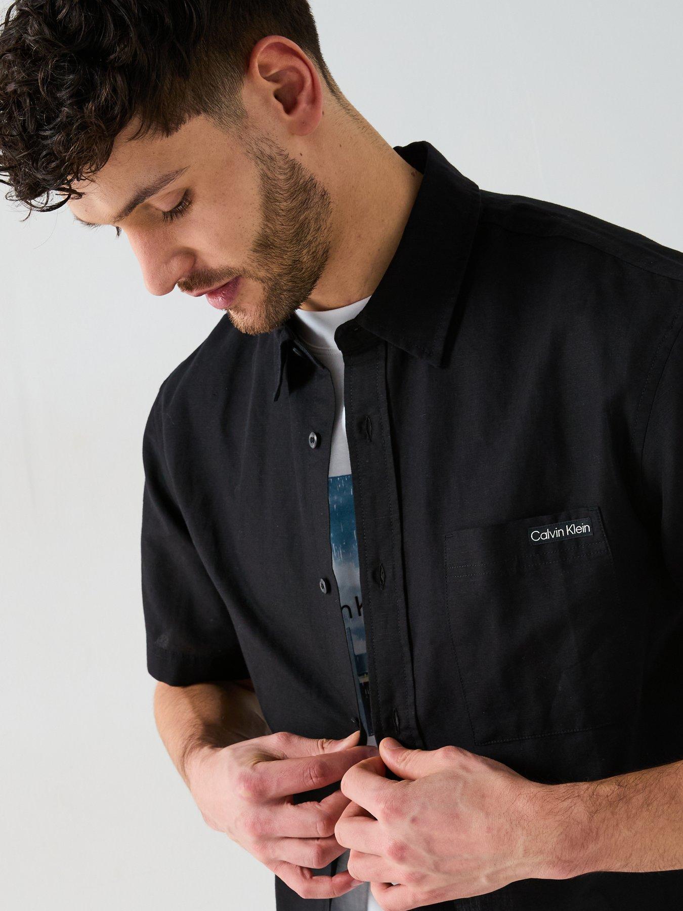  image of calvin-klein-jeans-linen-cotton-short-sleeve-shirt-black