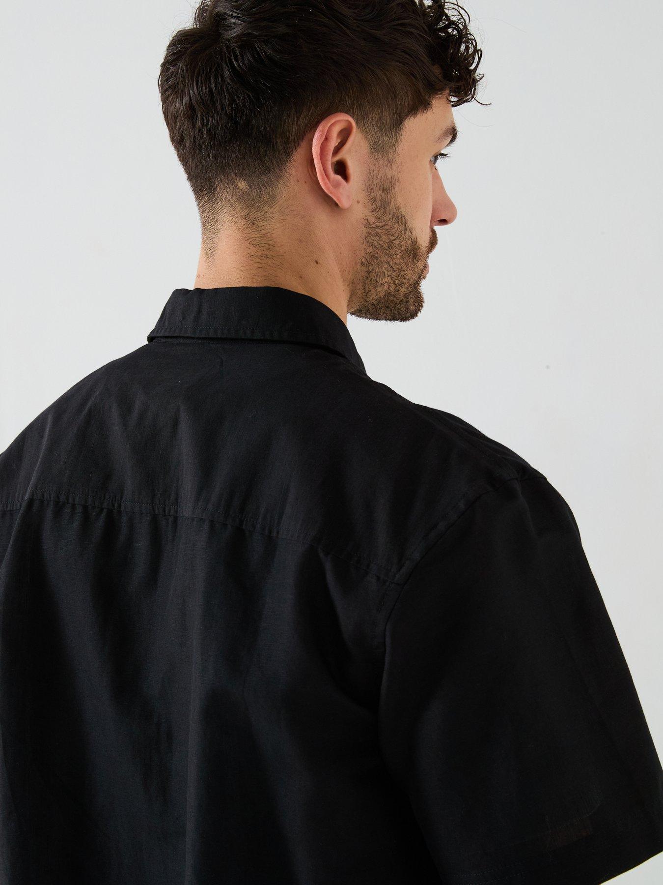  image of calvin-klein-jeans-linen-cotton-short-sleeve-shirt-black