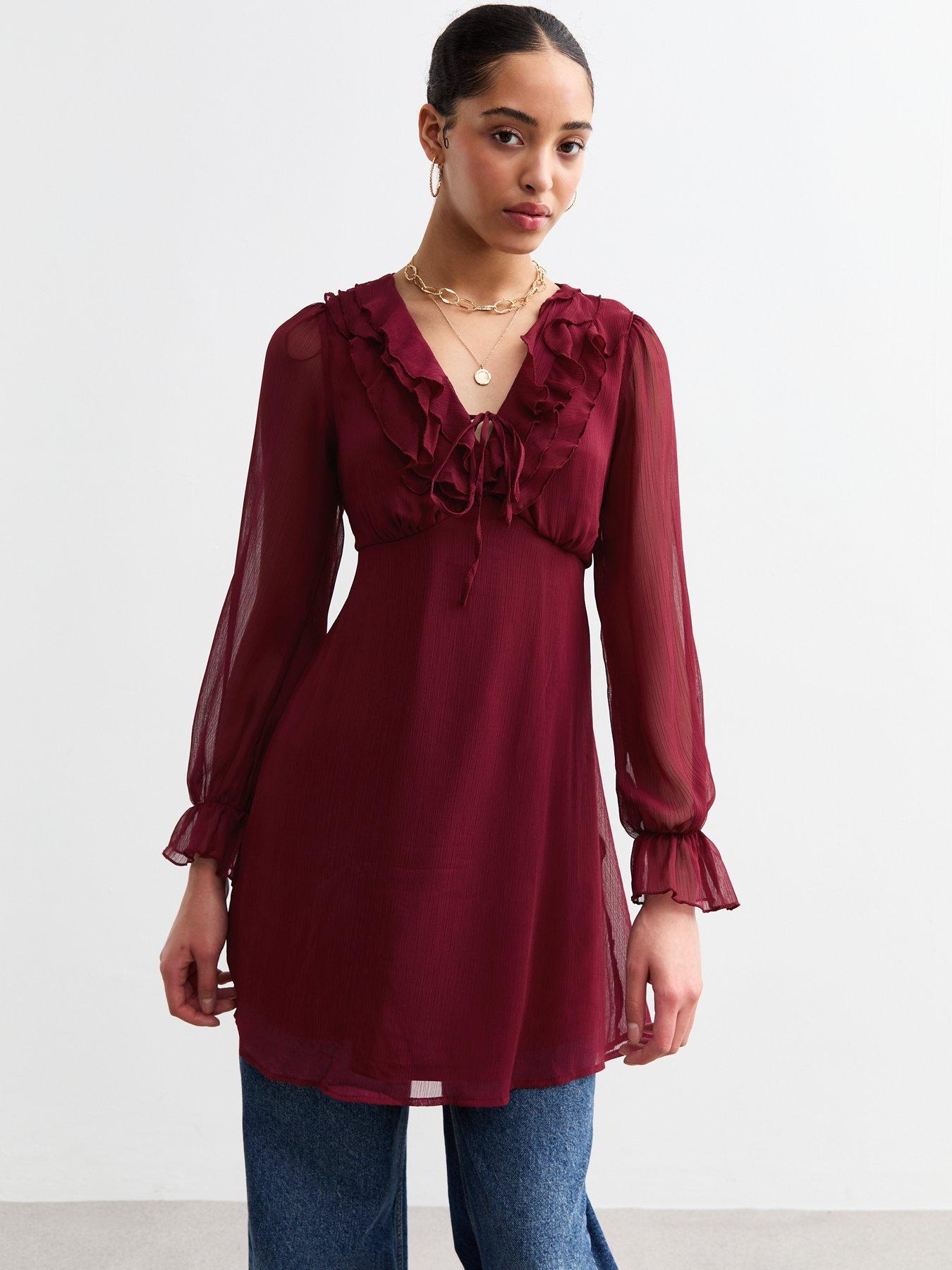 undefined Ruffle Chiffon Long Sleeve Mini Dress - Red