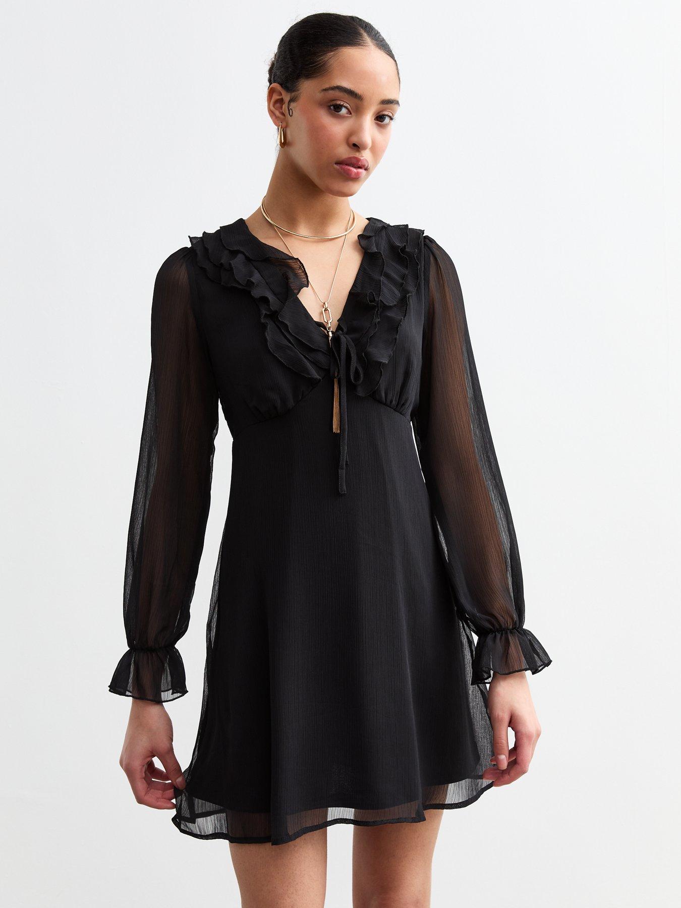 undefined Ruffle Chiffon Long Sleeve Mini Dress - Black