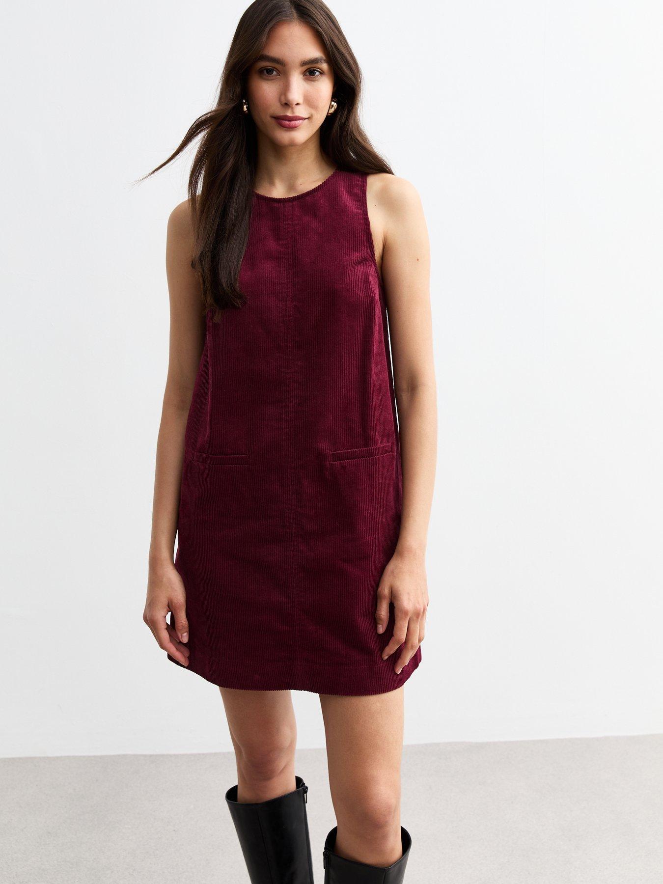 undefined Burgundy Cotton Corduroy Pinafore Dress - Red