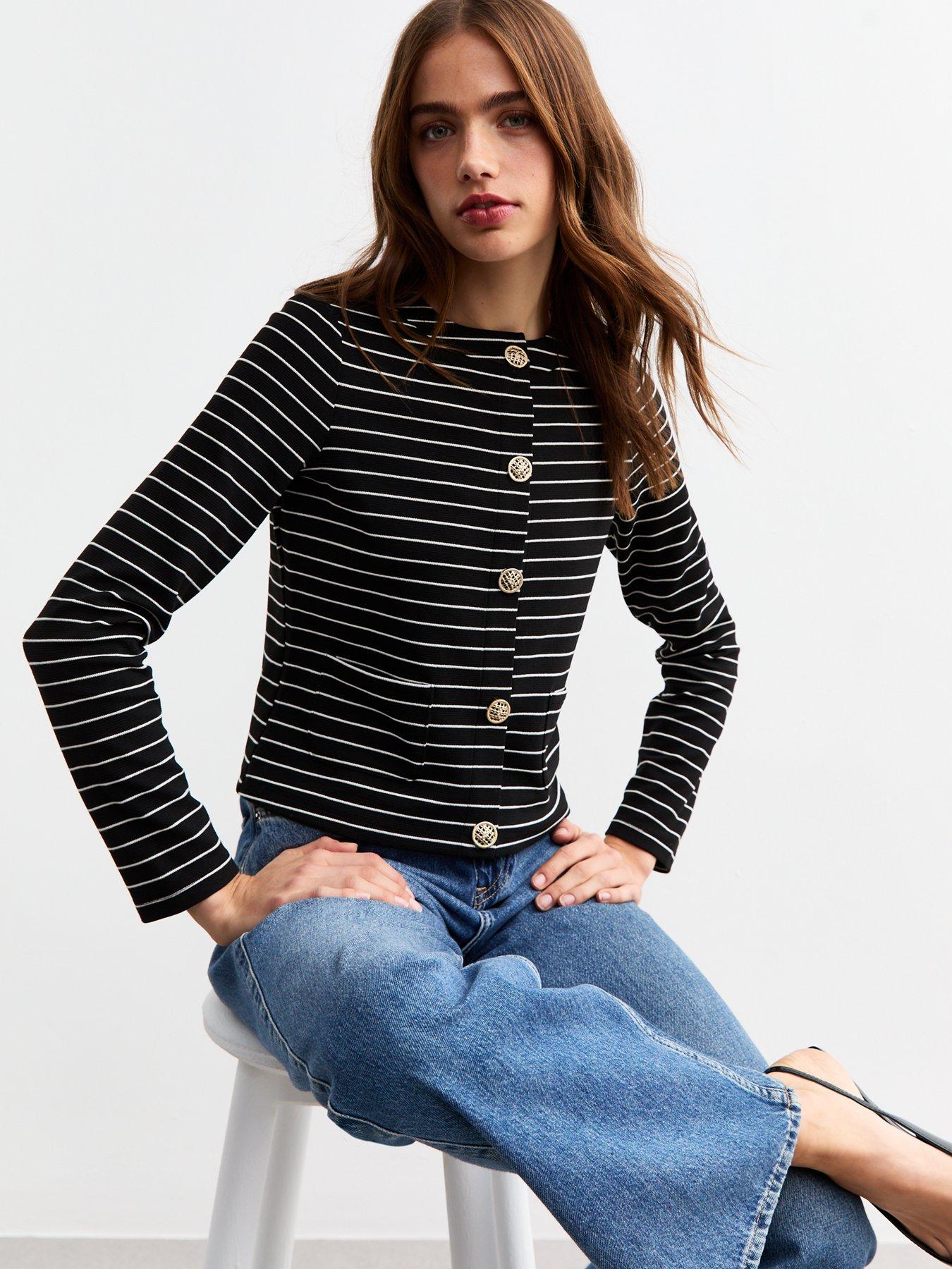 undefined Black Striped Button Detail Cardigan