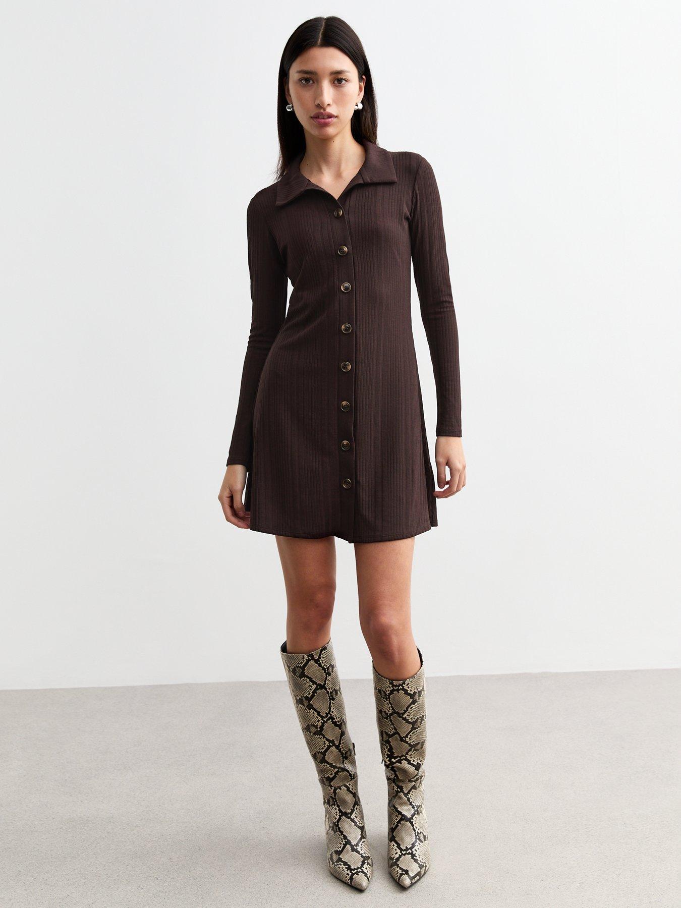 undefined Ribbed Jersey Button Up Dress - Brown
